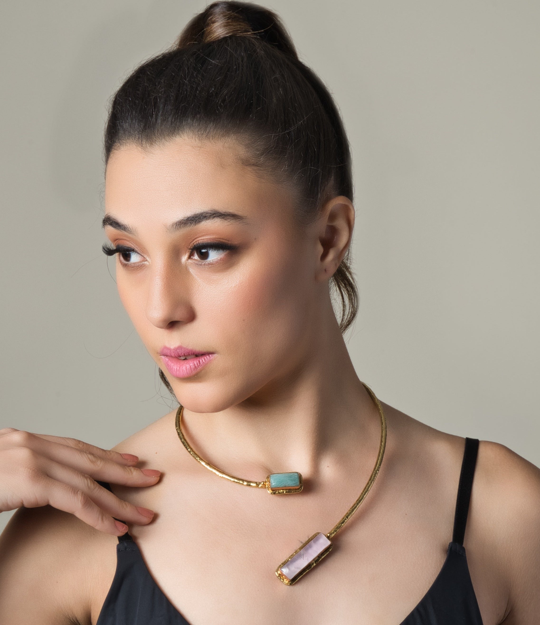 Gold Plated Pink Amazonite Jaspar Necklace - Adjustable - QUEENS JEWELS 