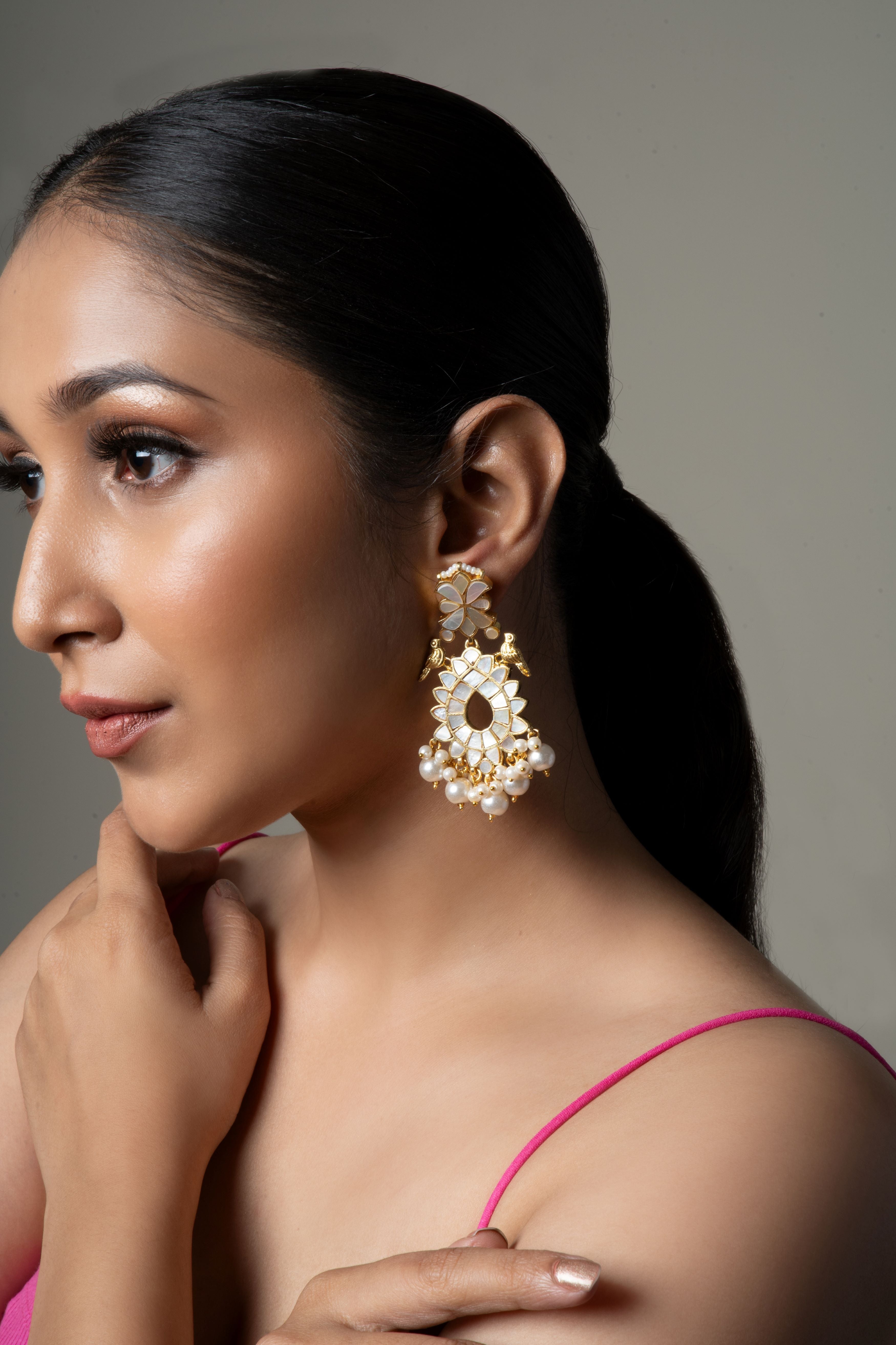 Shell Pearl Chaandbali Earring with bird motifs - QUEENS JEWELS