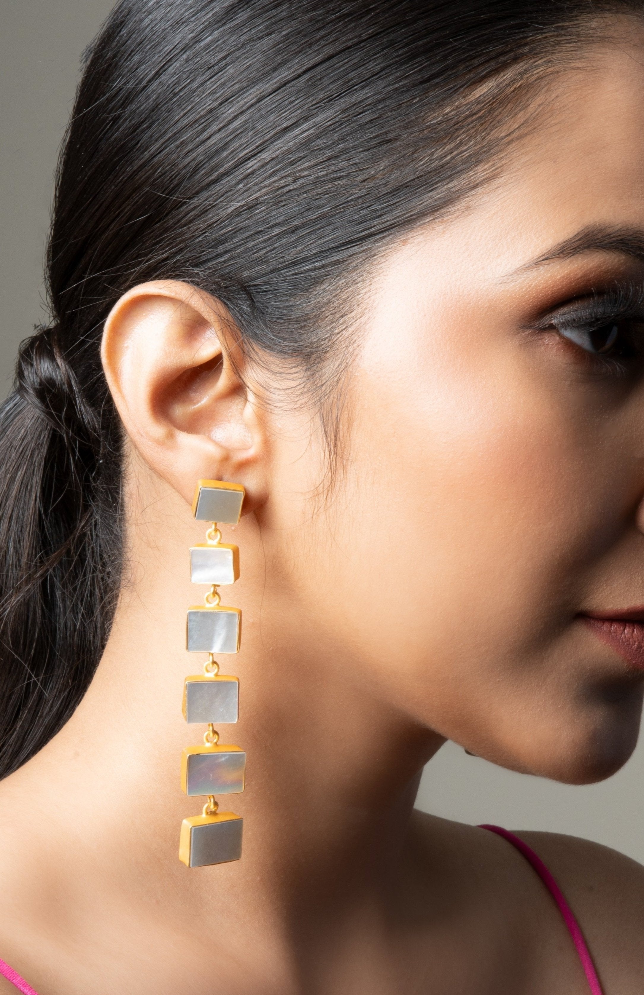 Square Shell Pearl Drop Earrings: Custom-designed ethnic earrings handcrafted with timeless artistry, perfect for adding a touch of heritage to any outfit