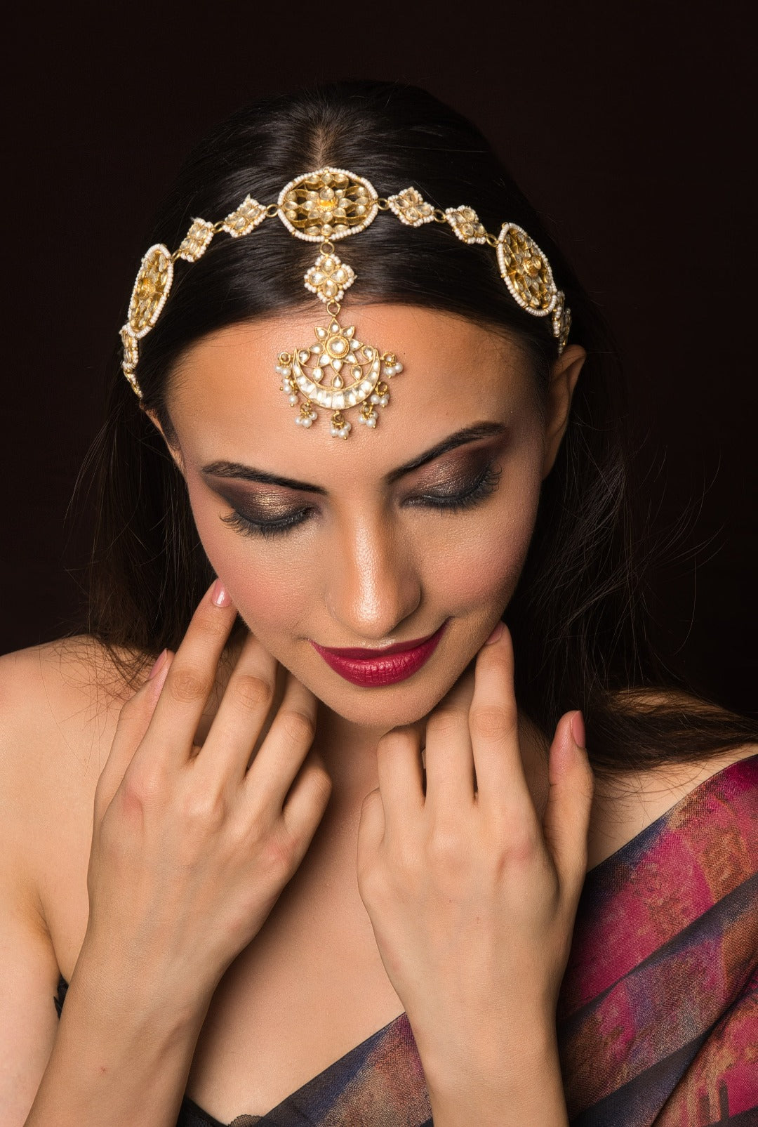 Qiyara Kundan Gold Plated Pearl Bridal Sheeshpatti - QUEENS JEWELS