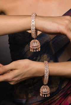 American Diamond  Rose Gold Bangle With Jhumka Hanging Pair - QUEENS JEWELS