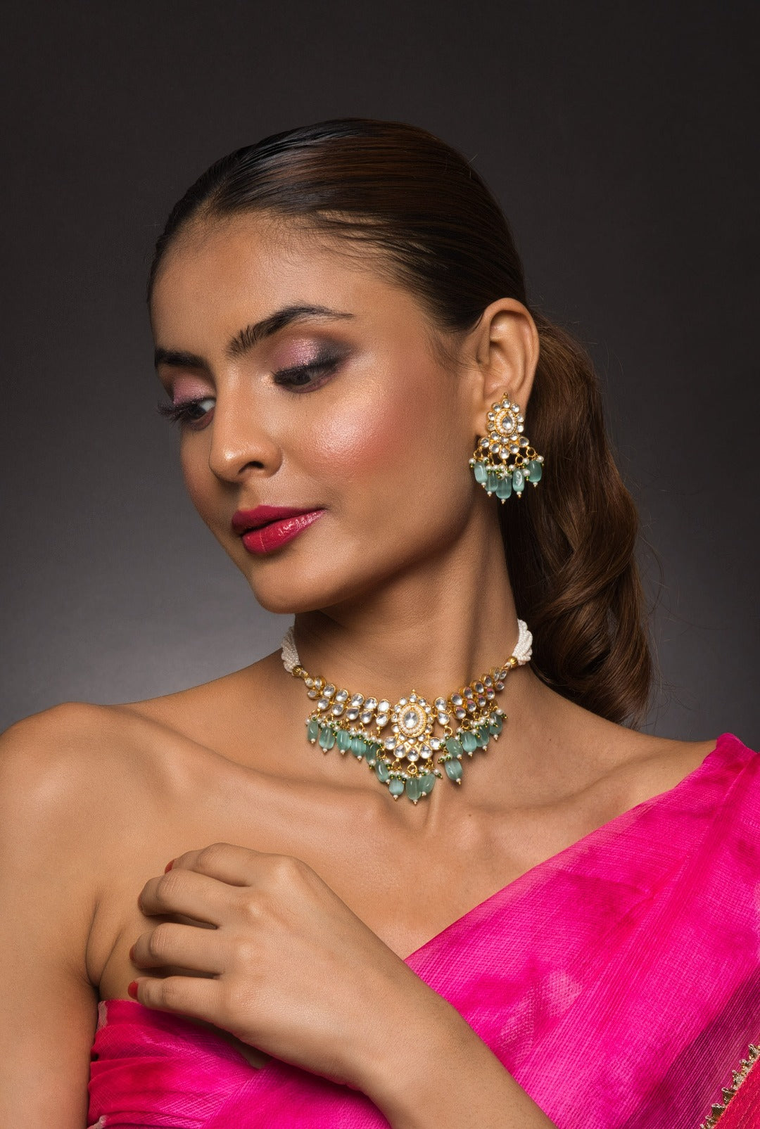 Aasya Mint Kundan Choker Necklace Set - QUEENS JEWELS