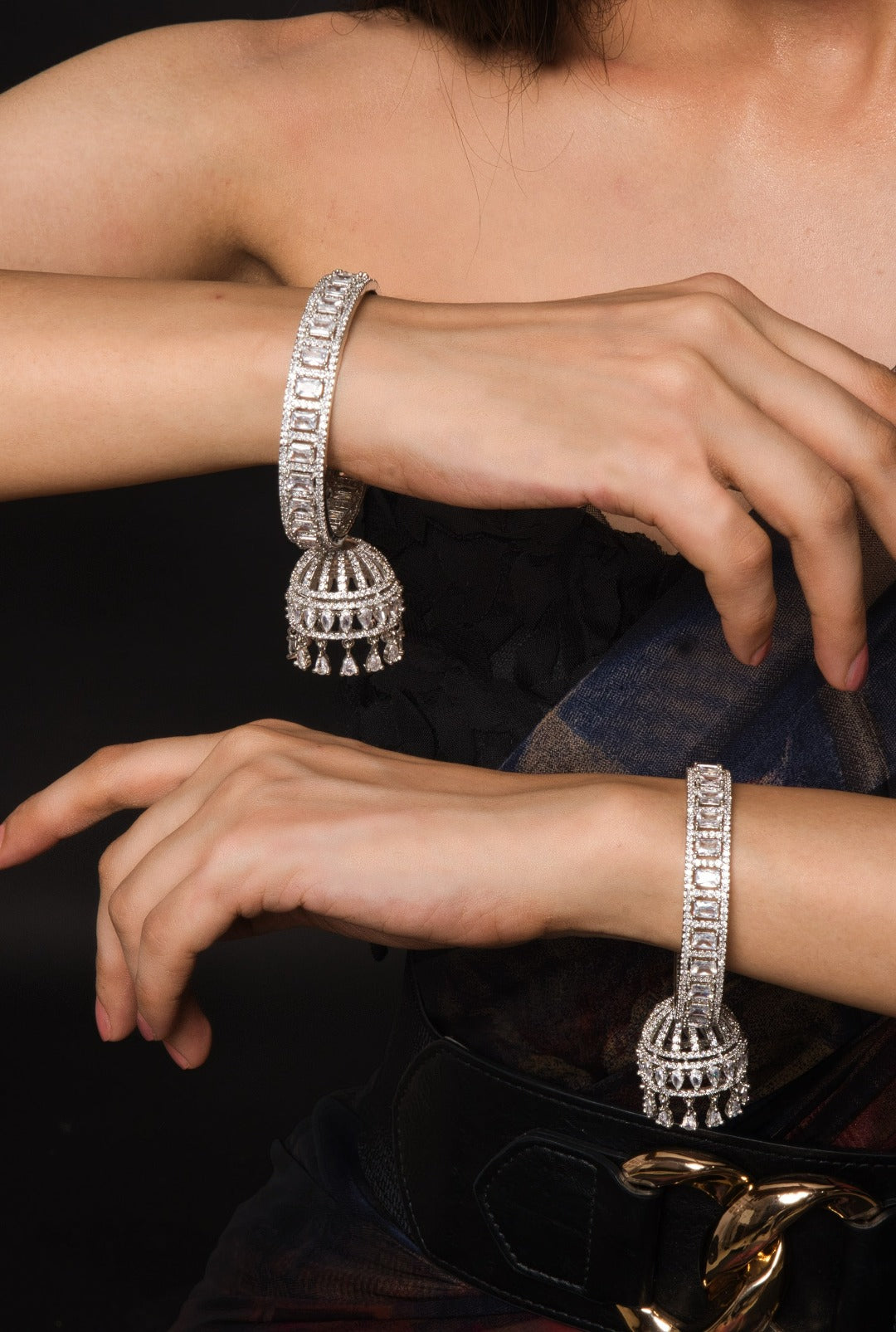 American Diamond  Silver Bangle With Jhumka Hanging Pair - QUEENS JEWELS