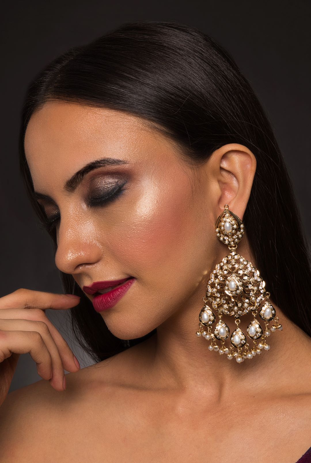 Aura Petal Shaped Oversized Jadau Chaandbali Earrings - Pearls - QUEENS JEWELS