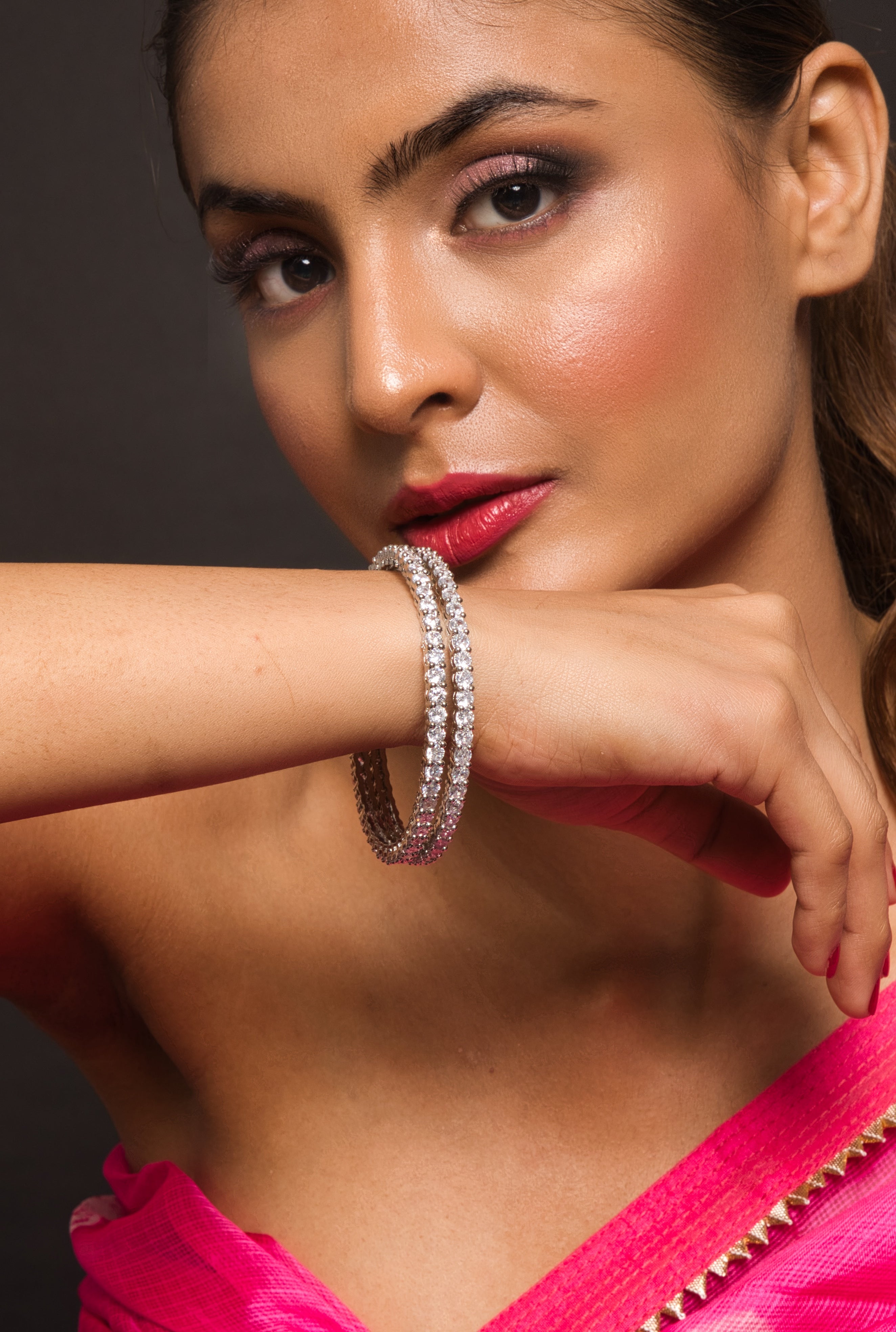 Chic American Diamond Silver Toned Bangle Pair - QUEENS JEWELS 