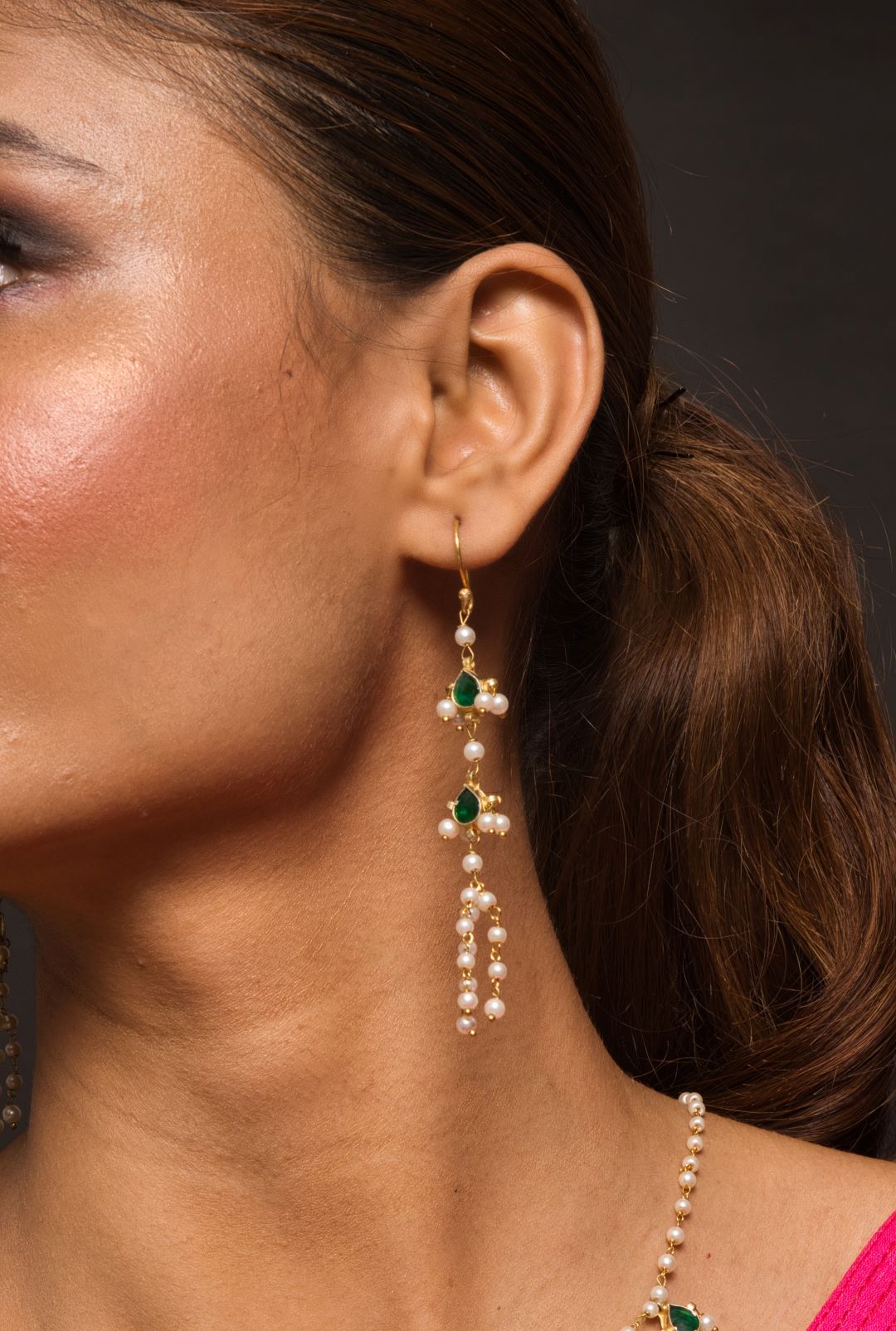 Emerald Green Kundan Biya Mala Necklace with Earrings - QUEENS JEWELS
