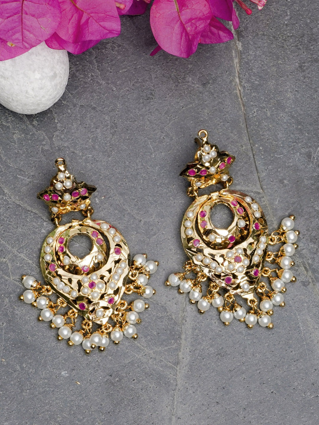 Adhira Jadau Chaandbali Earrings (Gold Plated with Ruby Red Stones and White Pearls) - QUEENS JEWELS