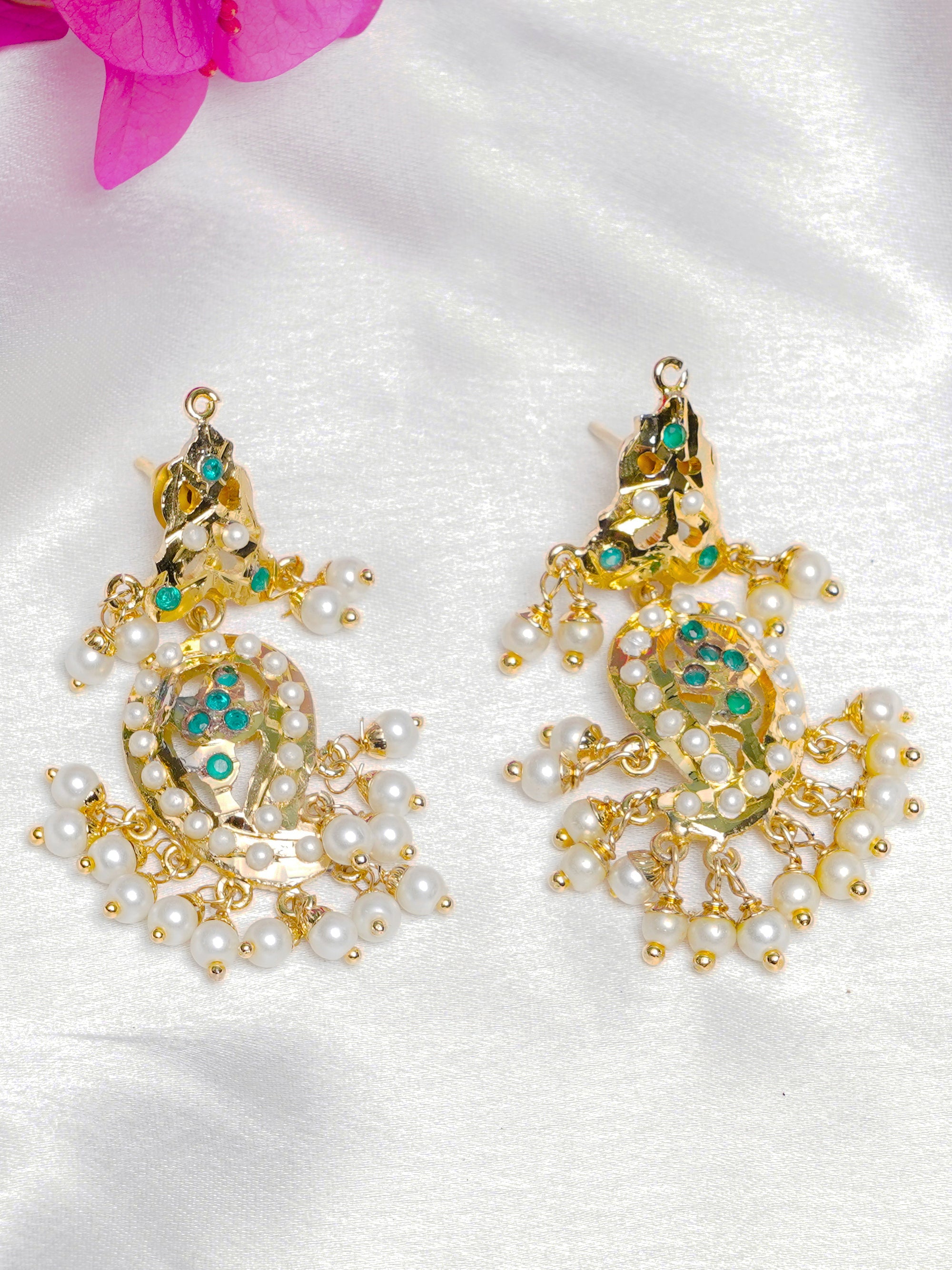 Kairi Jadau Small Chaandbali Earrings (Gold plated with Emerald Green Stones and White Pearls) - QUEENS JEWELS