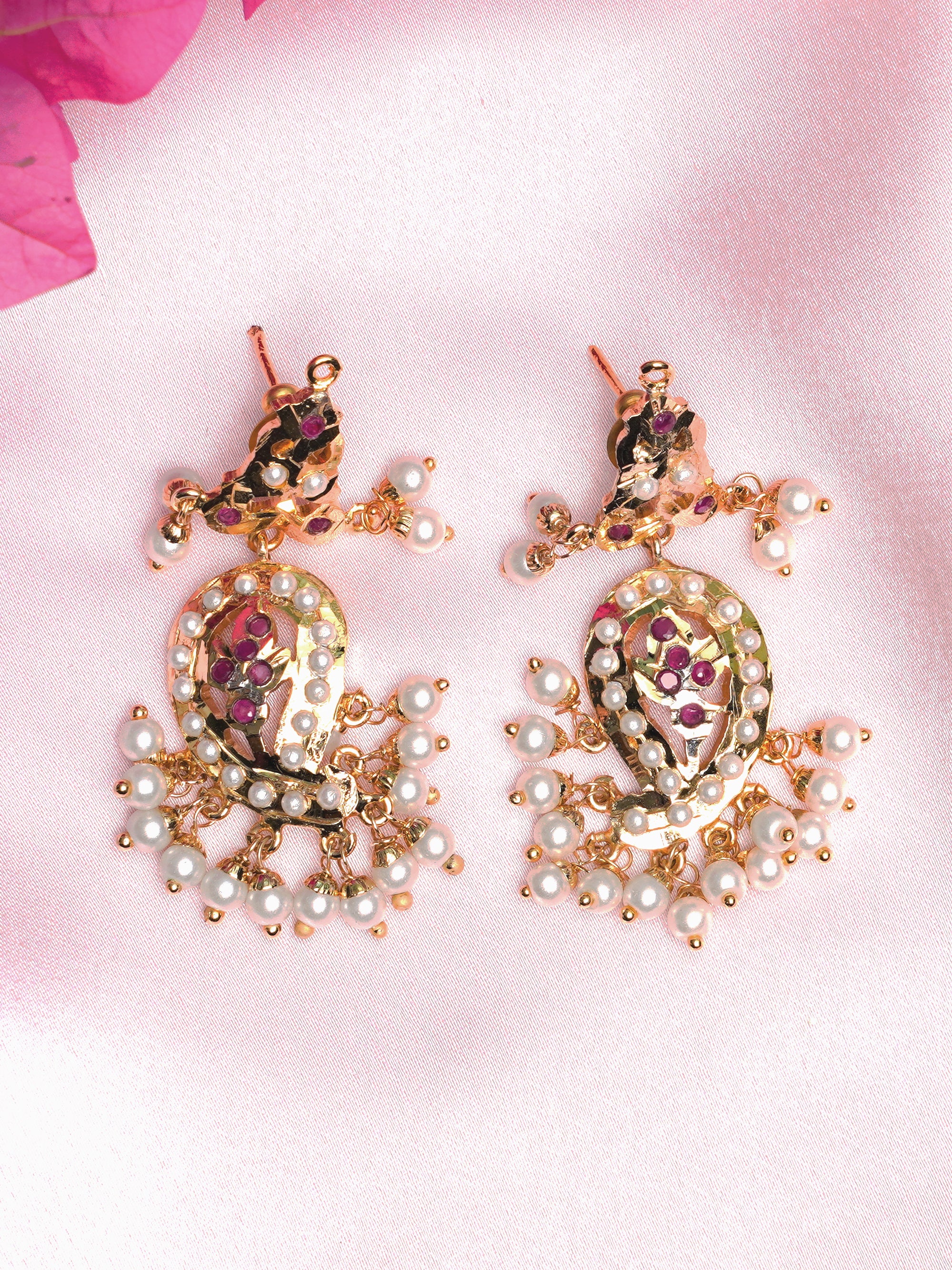Ruby red stones & white pearl jadau chaandbali earrings