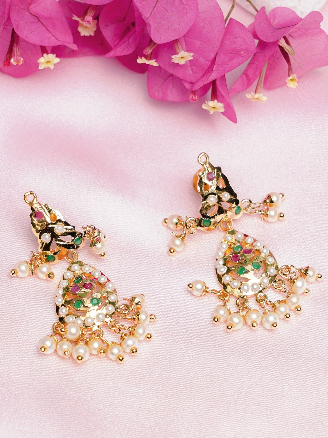 Ezzah Small Jadau Chaandbali Earrings (Gold plated with multicolour stones) - QUEENS JEWELS