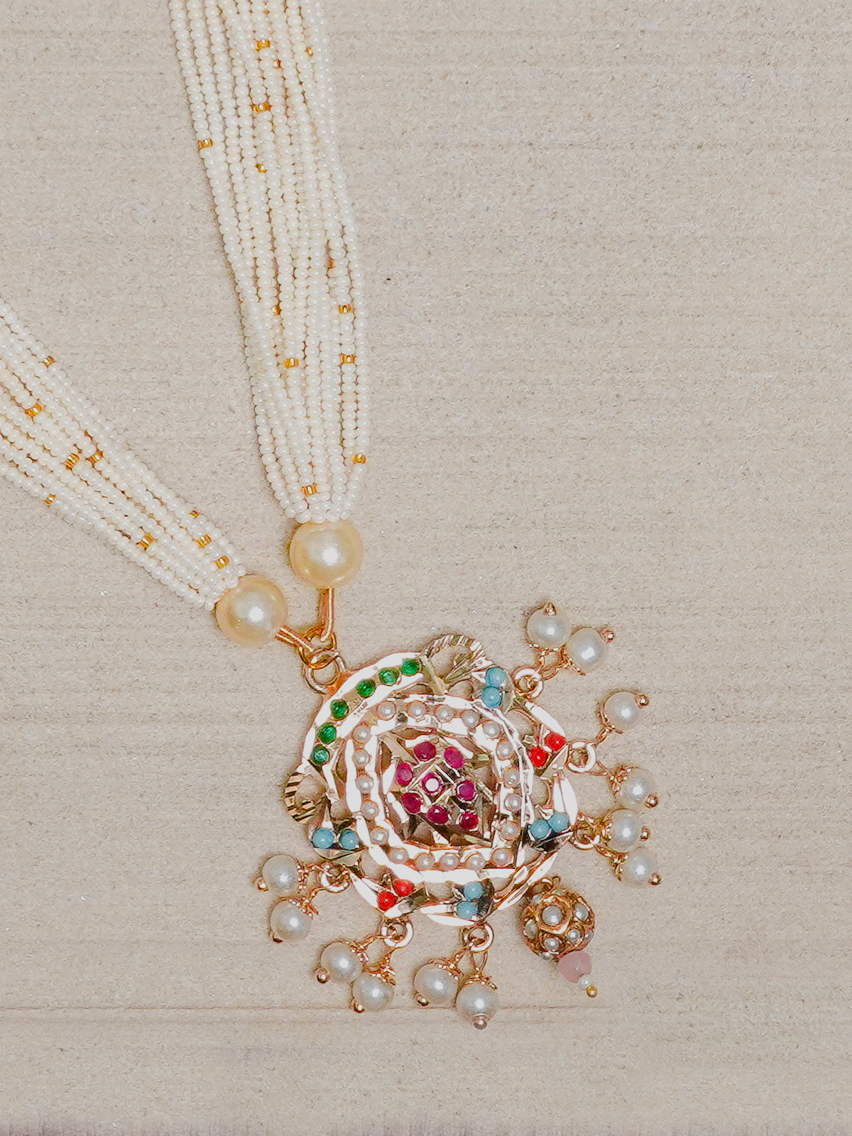 White pearls multi-string small navratan jadau pendant long necklace