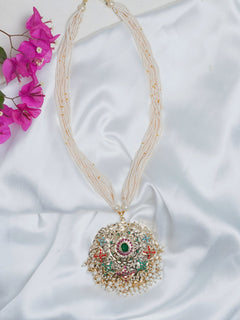 Floral Navratan Jadau Round Pendant Necklace - QUEENS JEWELS