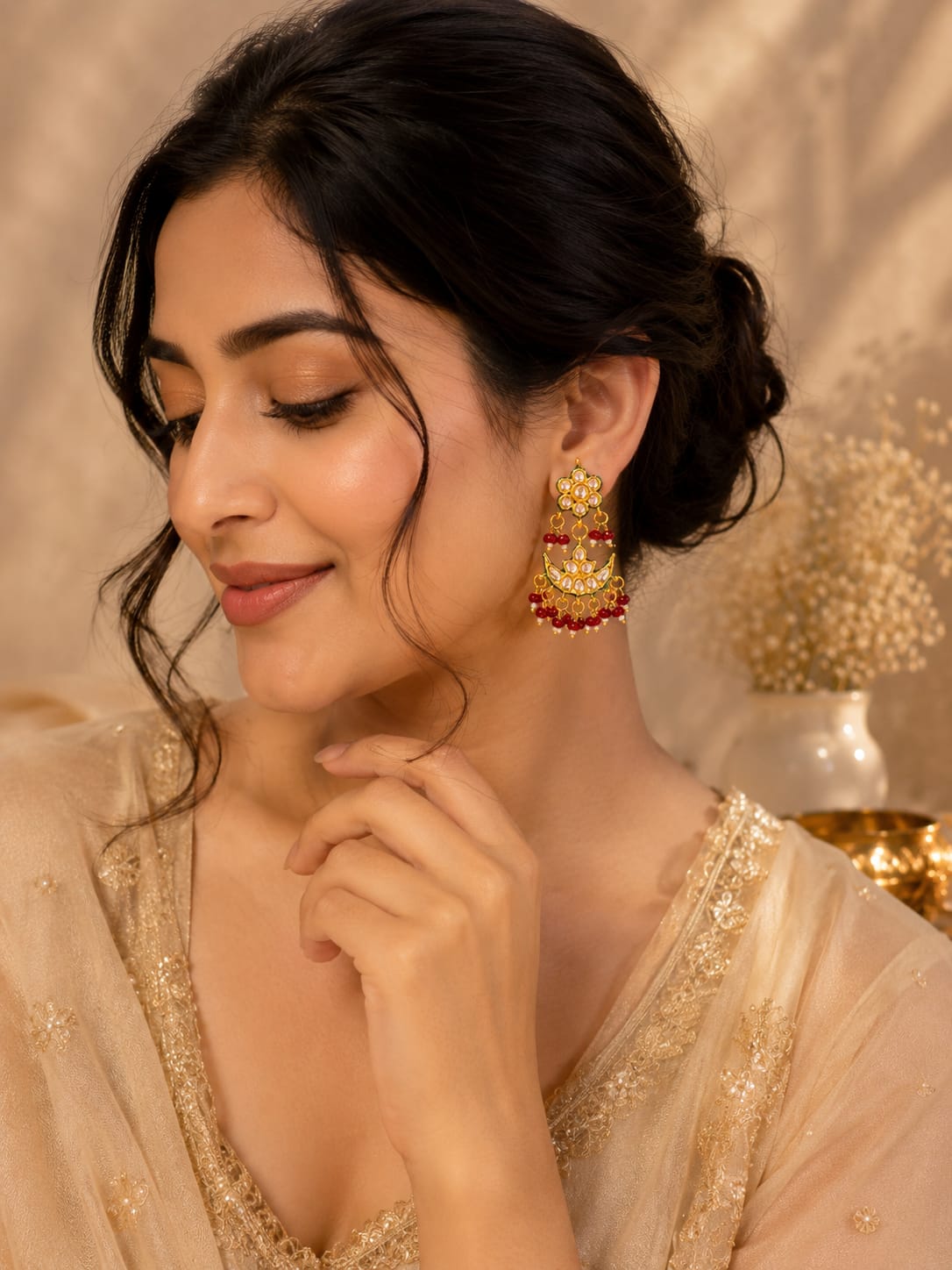 Ruby Red Kundan Chaandbali Earrings - QUEENS JEWELS 