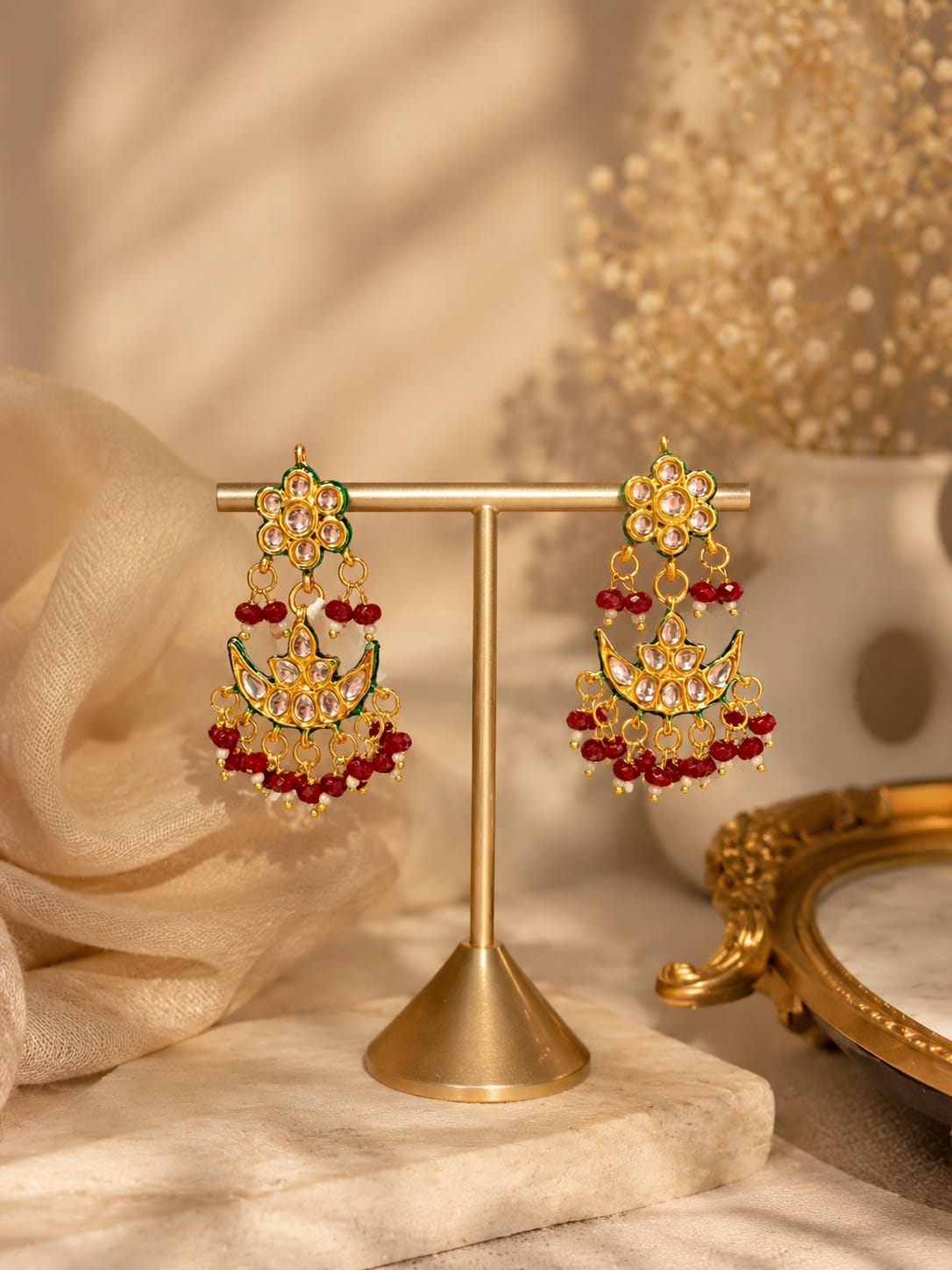 Ruby Red Kundan Chaandbali Earrings - QUEENS JEWELS 