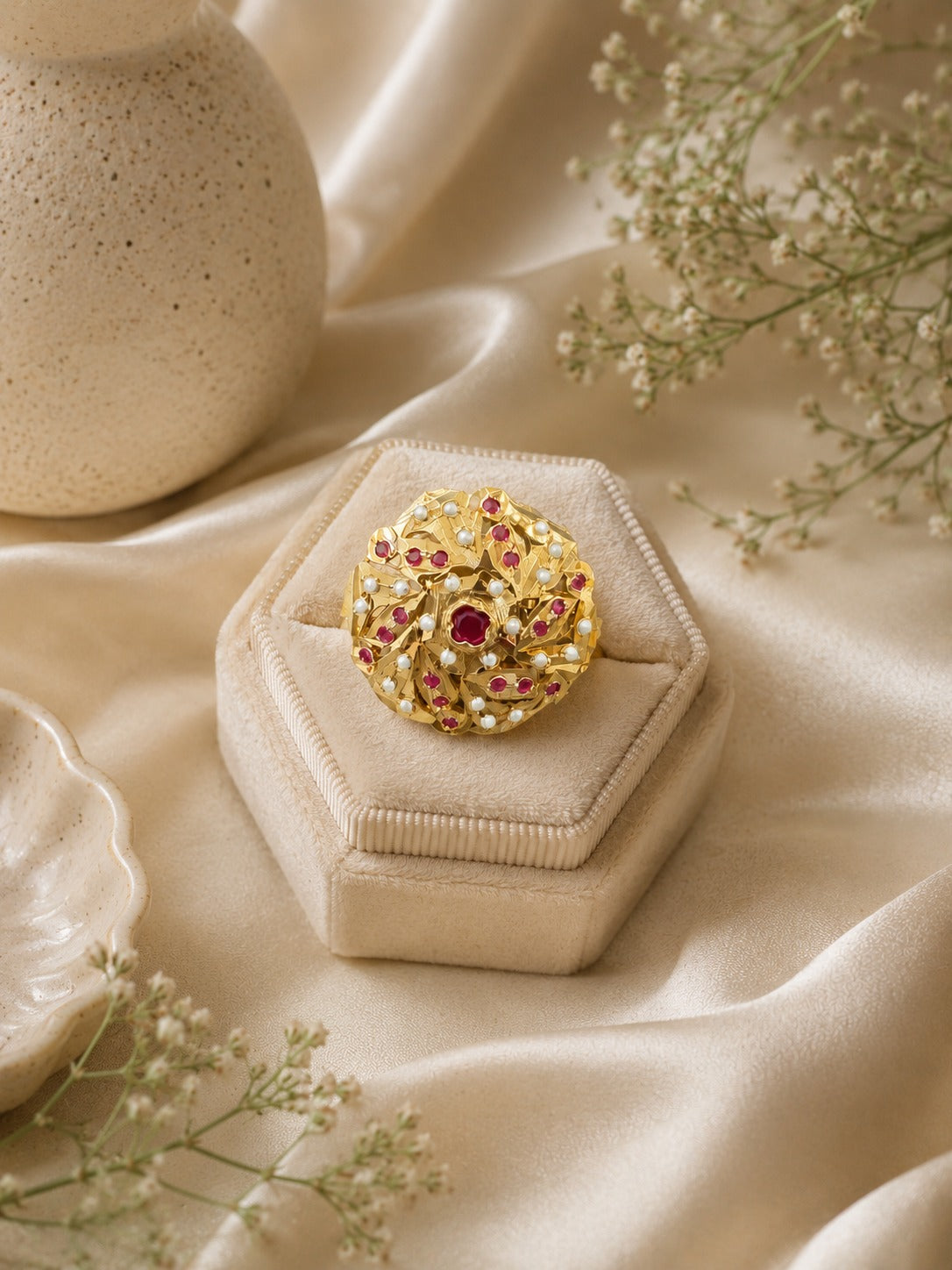 Red Jadau Adjustable Ring 