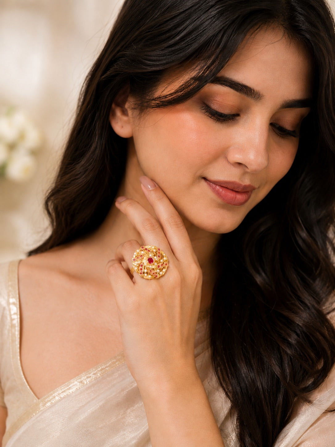 Red Jadau Adjustable Ring 