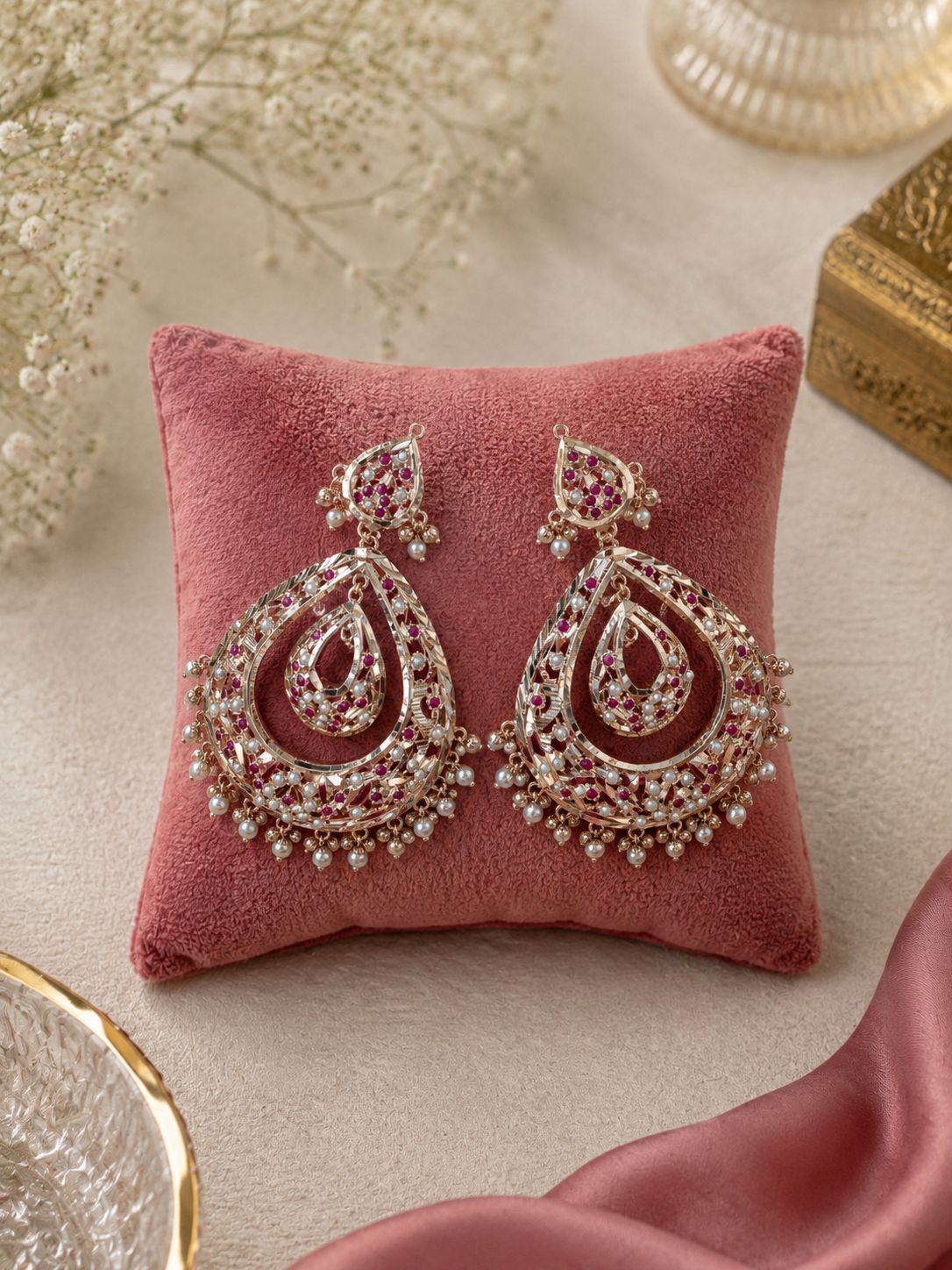 Red Jadau Jhumka Chandbali Earrings