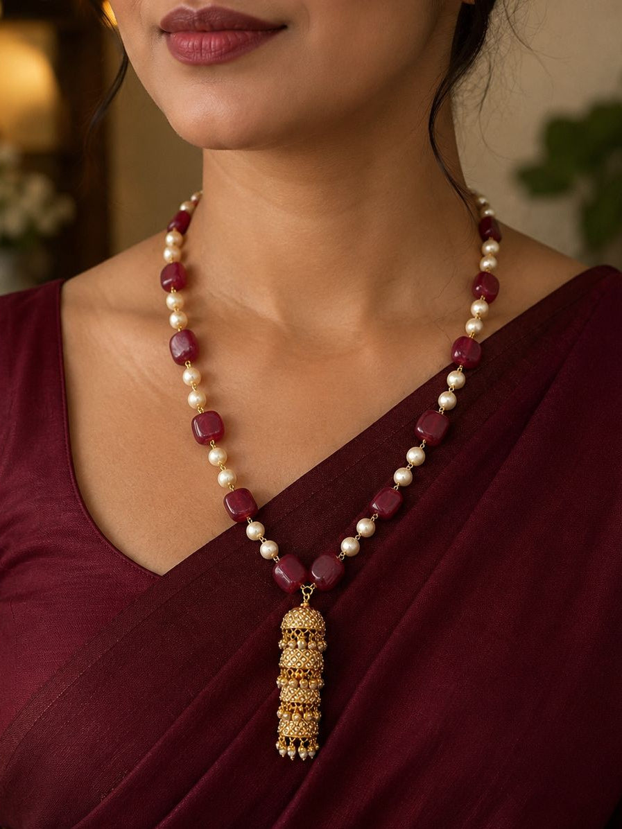 Ruby Red Mala SonaMoti Jhumka Pendant - QUEENS JEWELS 