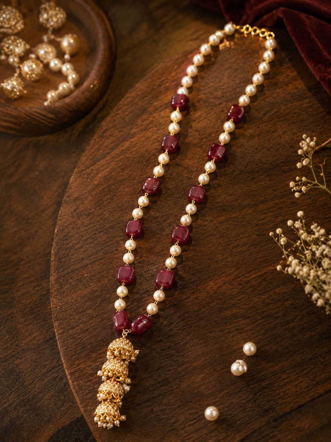 Ruby Red Mala SonaMoti Jhumka Pendant - QUEENS JEWELS 