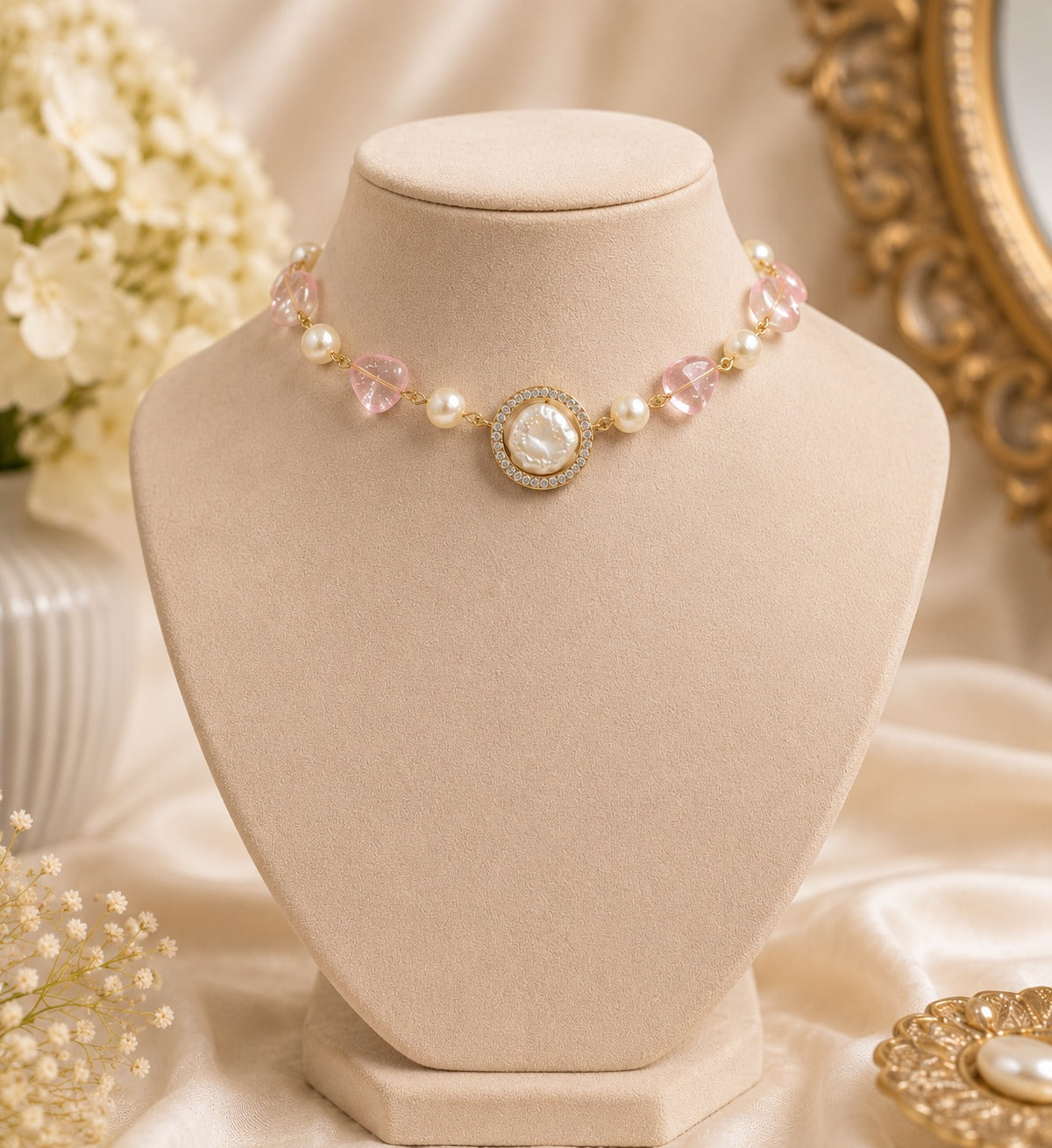 Rose Pearl Charm Necklace 