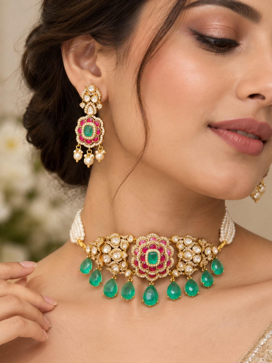 Ruby Emerald Kundan Choker Set