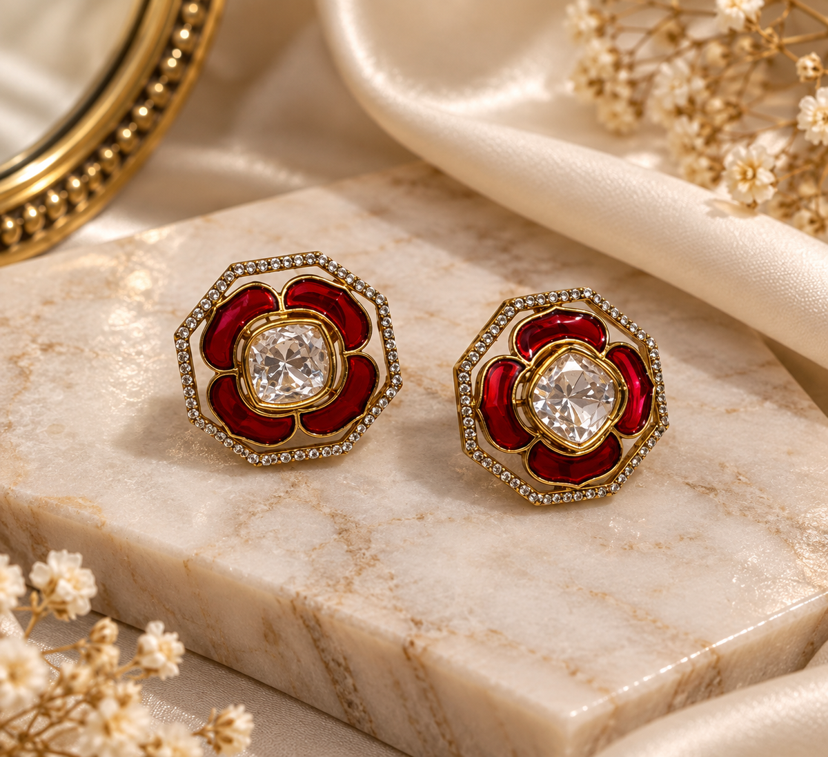 Ruby Floral looking Studs Earrings 