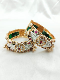 Antique Finish Pearl and Green String Kada Pair - QUEENS JEWELS