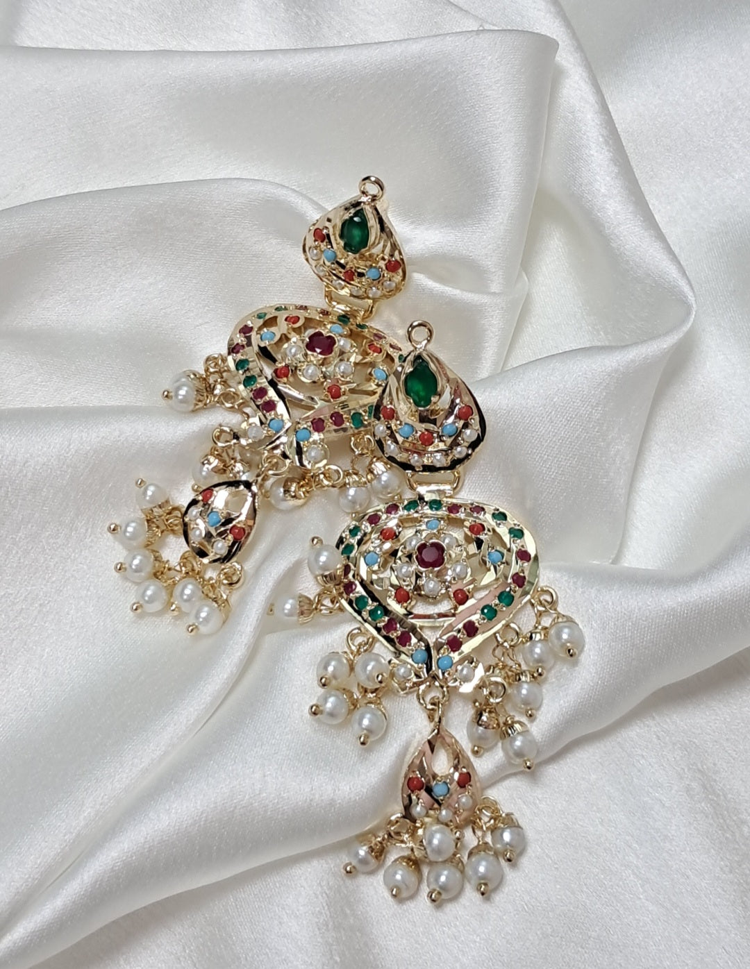 Heart Shaped Navaratan Jadau with White Pearls Earrings   