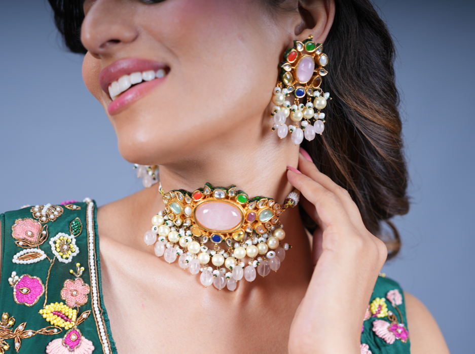 Opulent Navratan Polki Kundan Choker set - Handmade with custom-designed gems and unique craftsmanship. Artisan-inspired and hand-finished for a statement look.