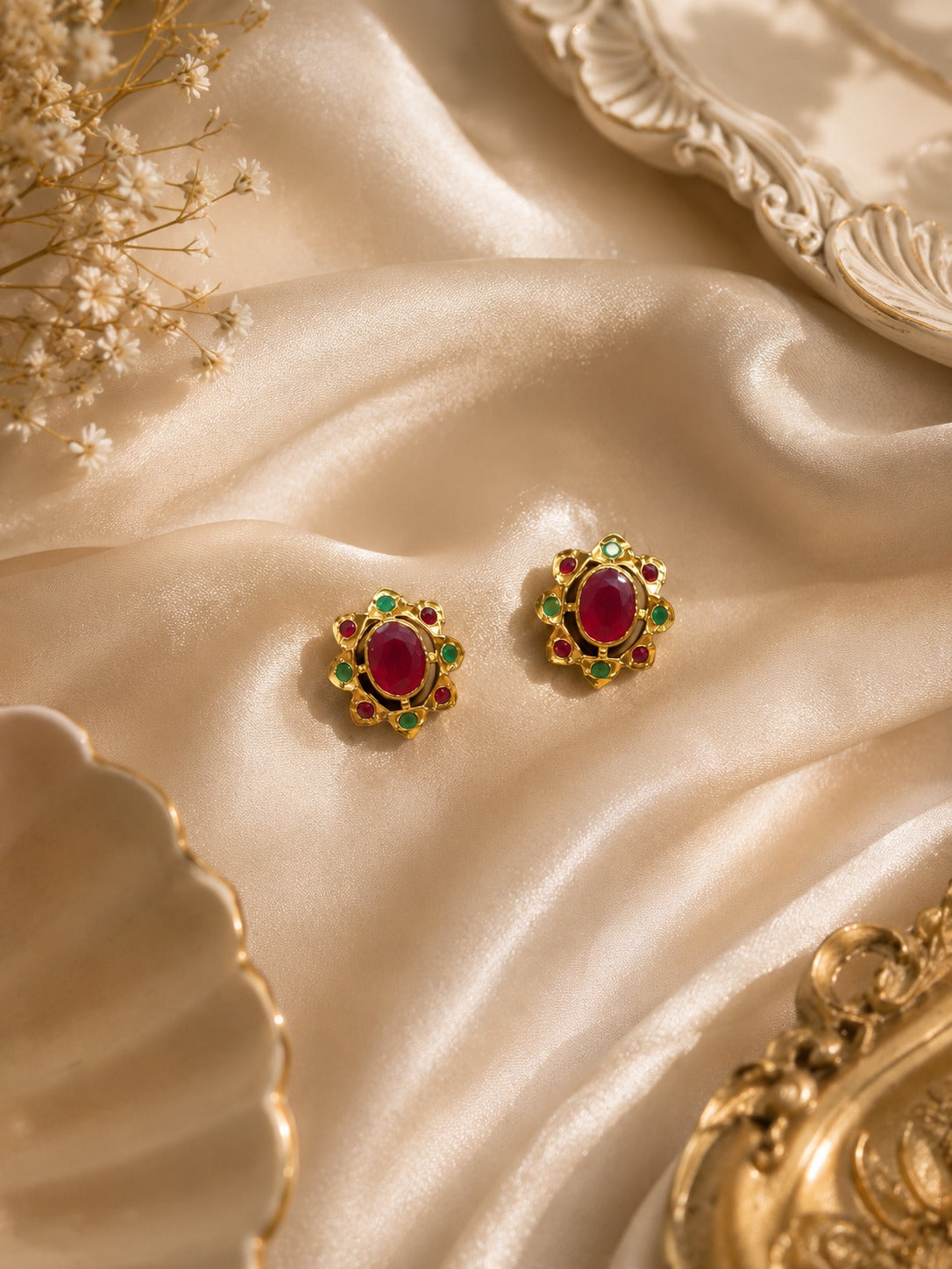 Small Multicolor Red Stone Studs 3