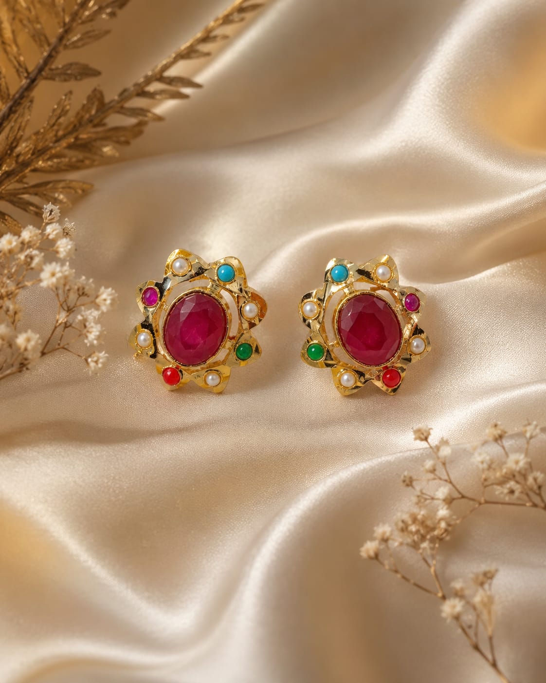Small Navratan Red Stone Studs 3