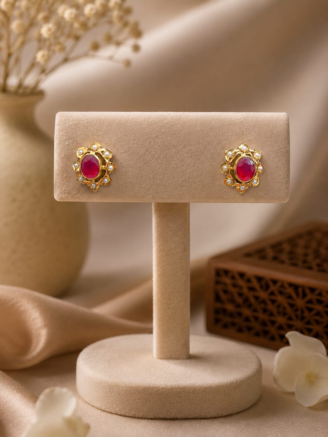 Small White Red Stone Studs 