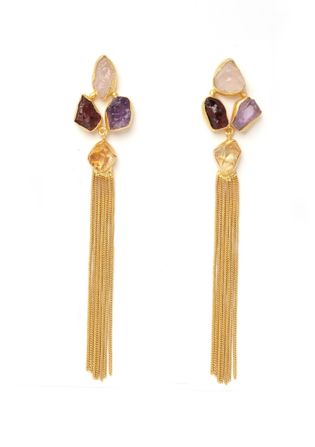 Tassel dangler earrings with four semi precious stones