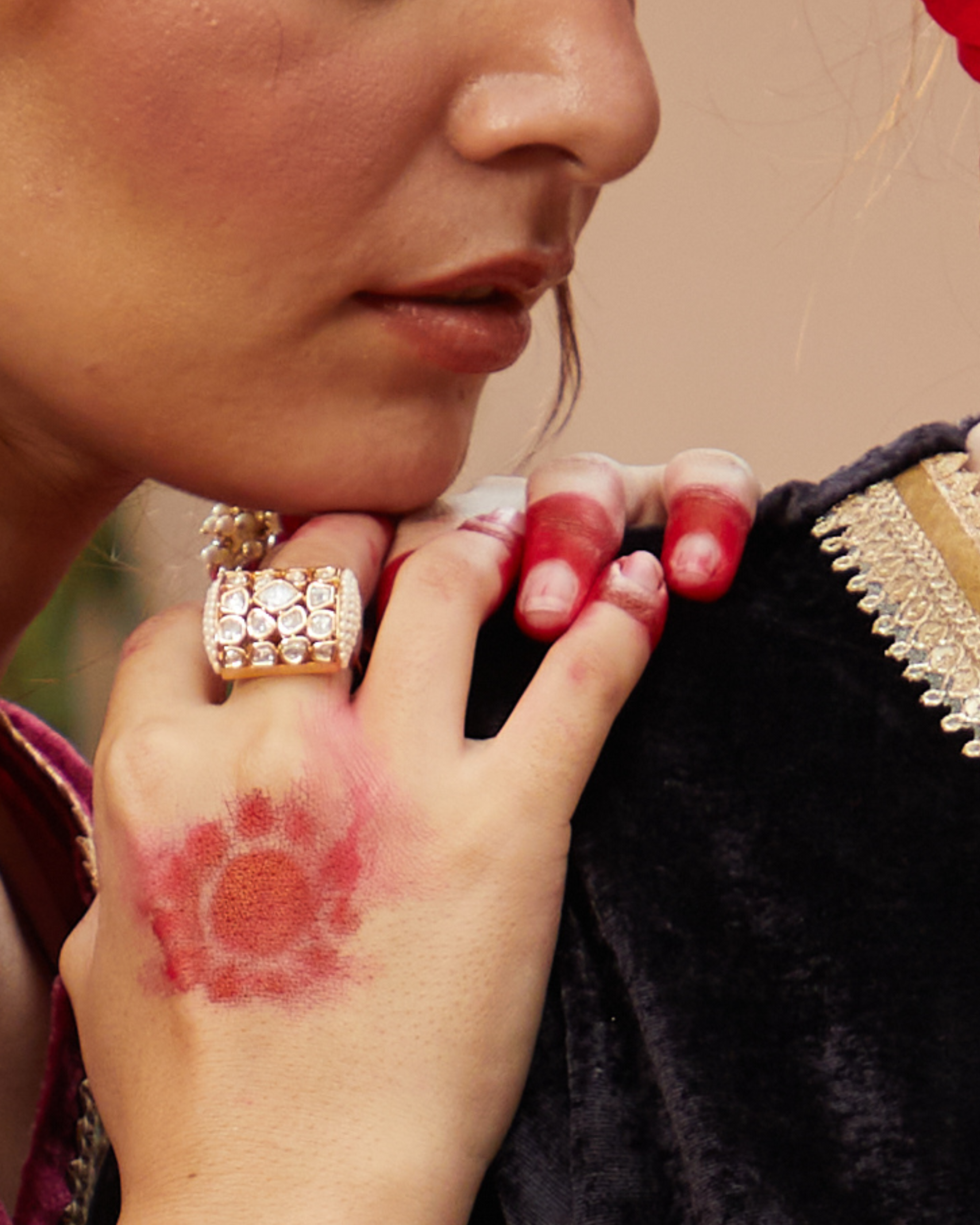 Classic Kundan Cluster Ring with Pearl Embellishments - Adjustable - QUEENS JEWELS