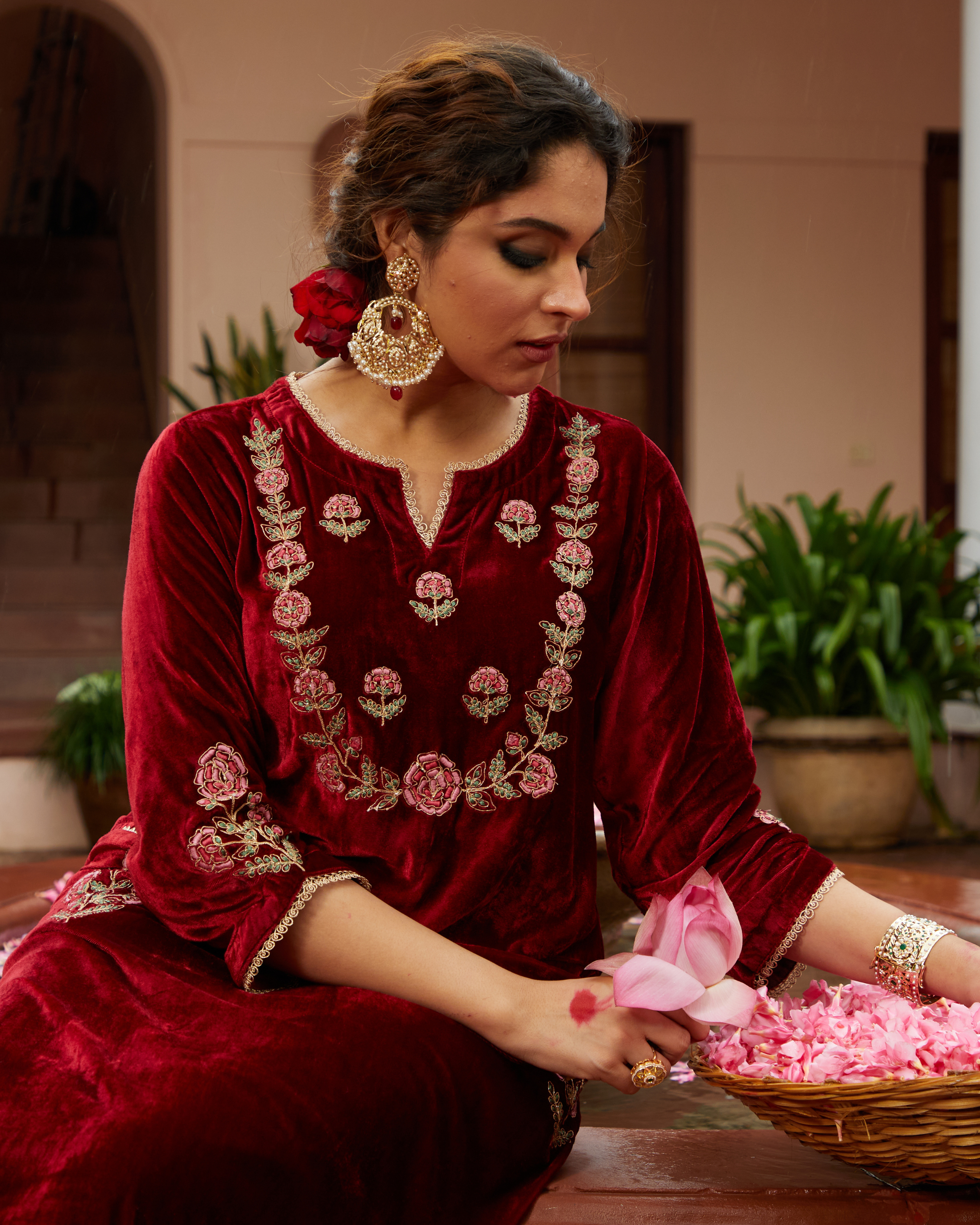 White Gold Tone With Ruby Drops Jadau Chaandbali Earrings - QUEENS JEWELS