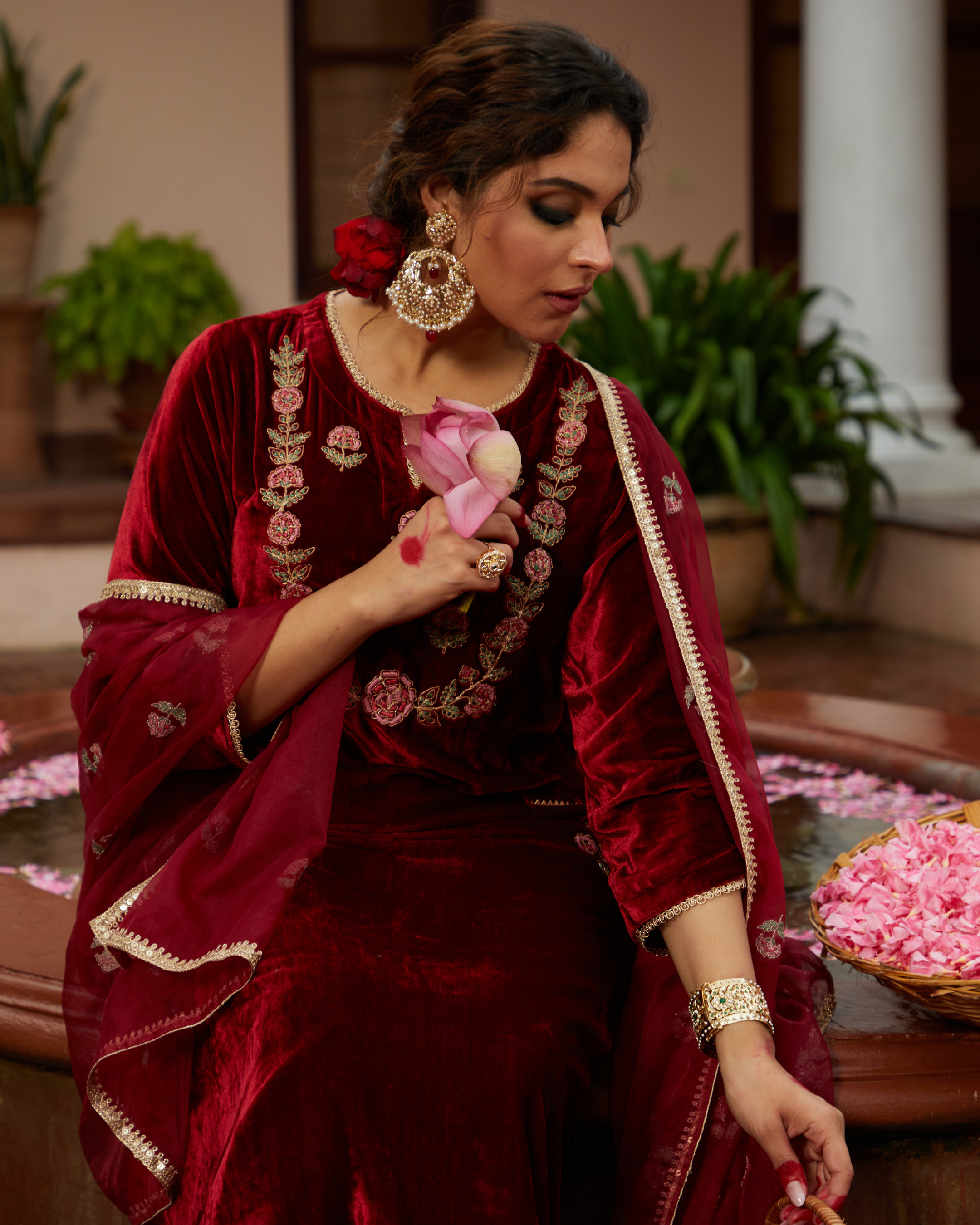 White Gold Tone With Ruby Drops Jadau Chaandbali Earrings - QUEENS JEWELS