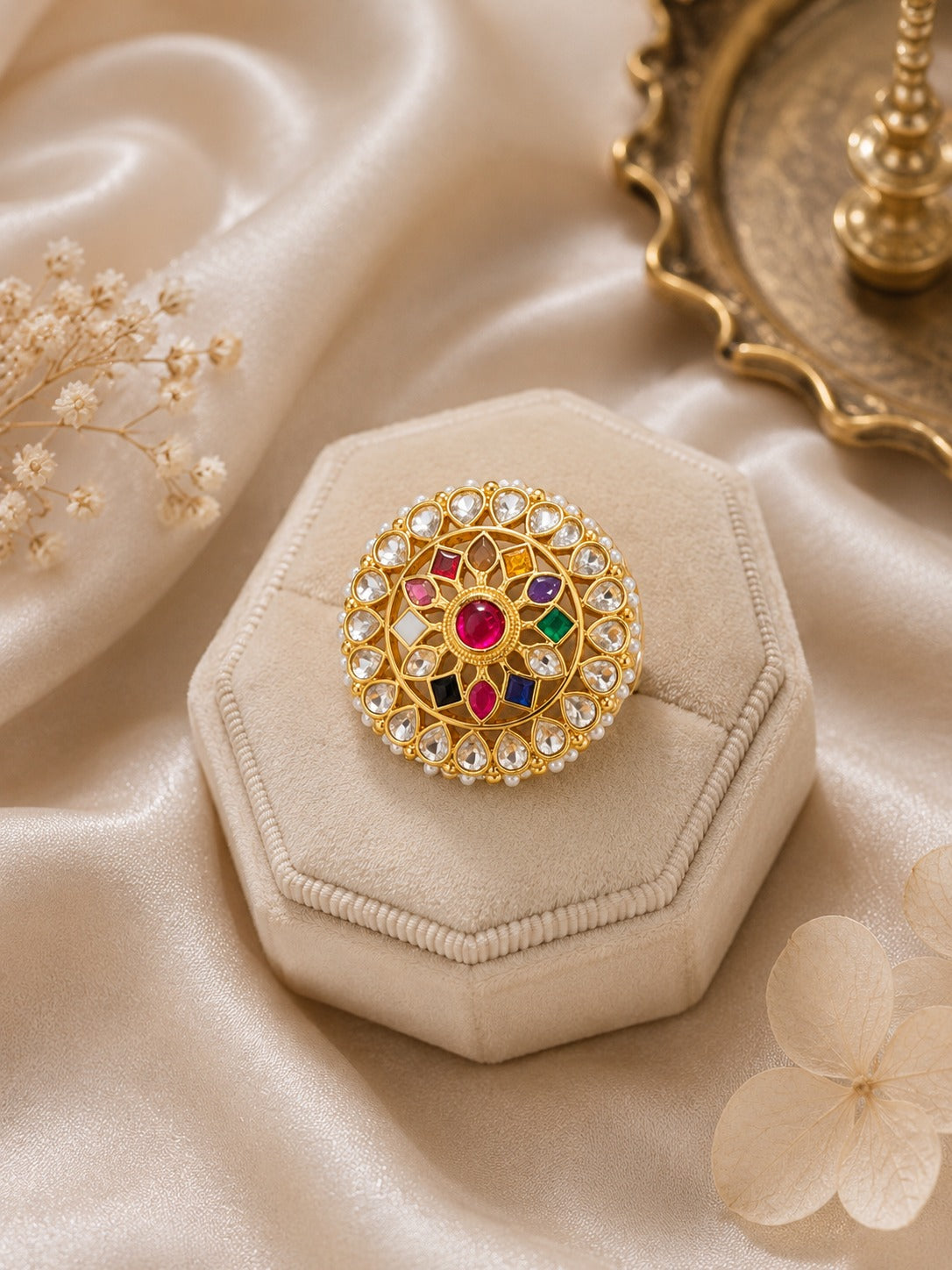 Vanya Navratan Kundan Adjustable Ring