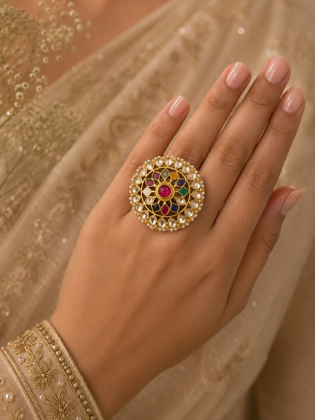 Vanya Navratan Kundan Adjustable Ring