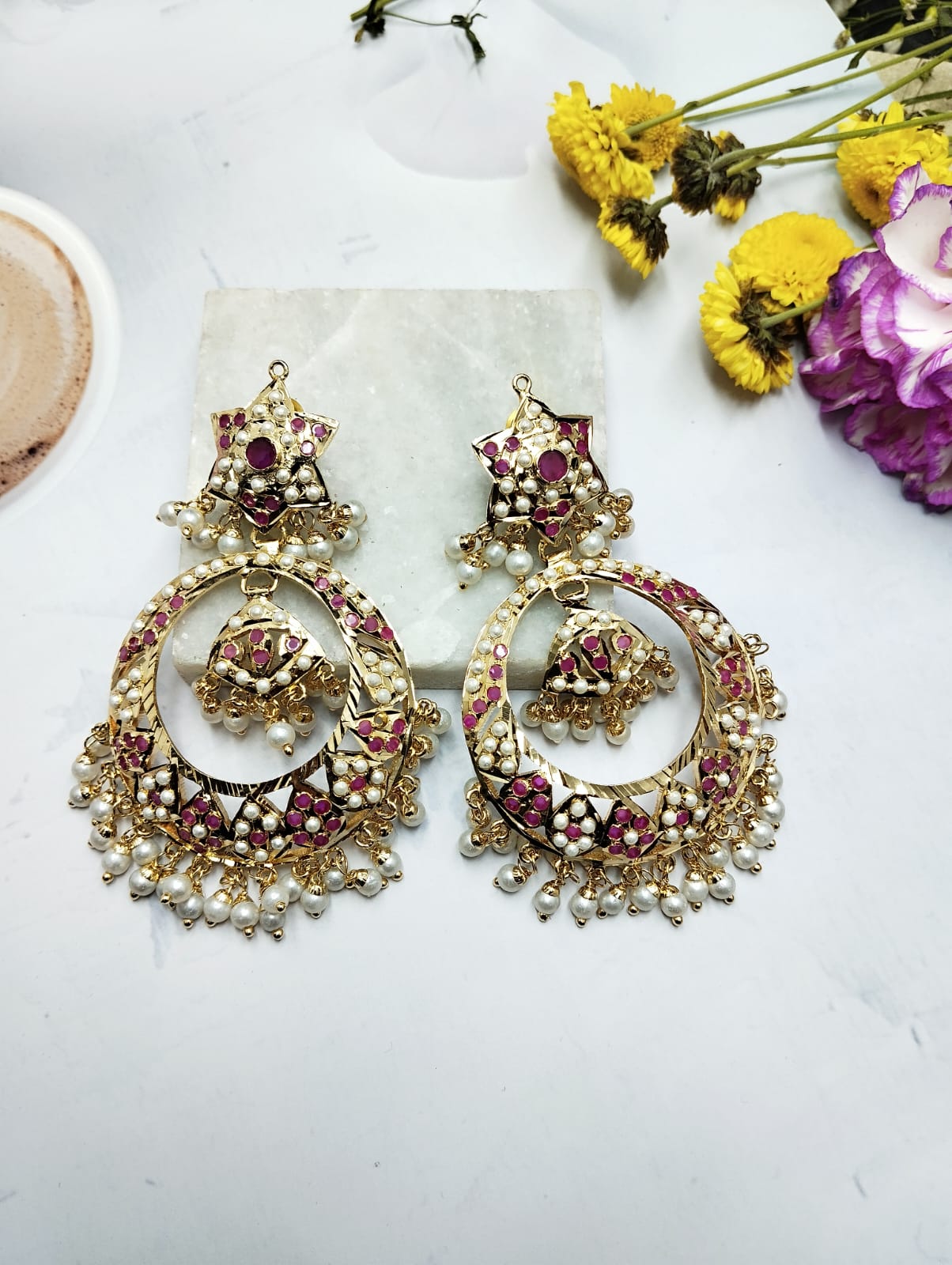 Shanya Magenta Rose Jadau Chandbali Earrings - QUEENS JEWELS