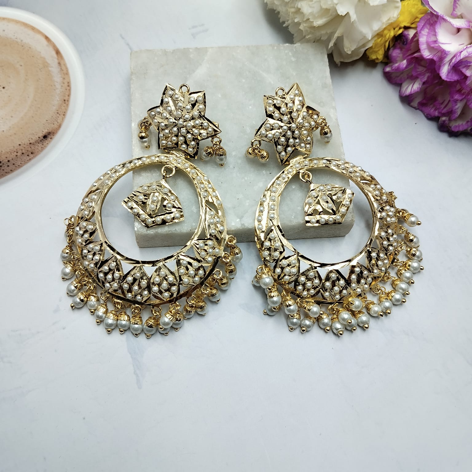 Suhana Ivory Jadau Chandbali Earrings - QUEENS JEWELS