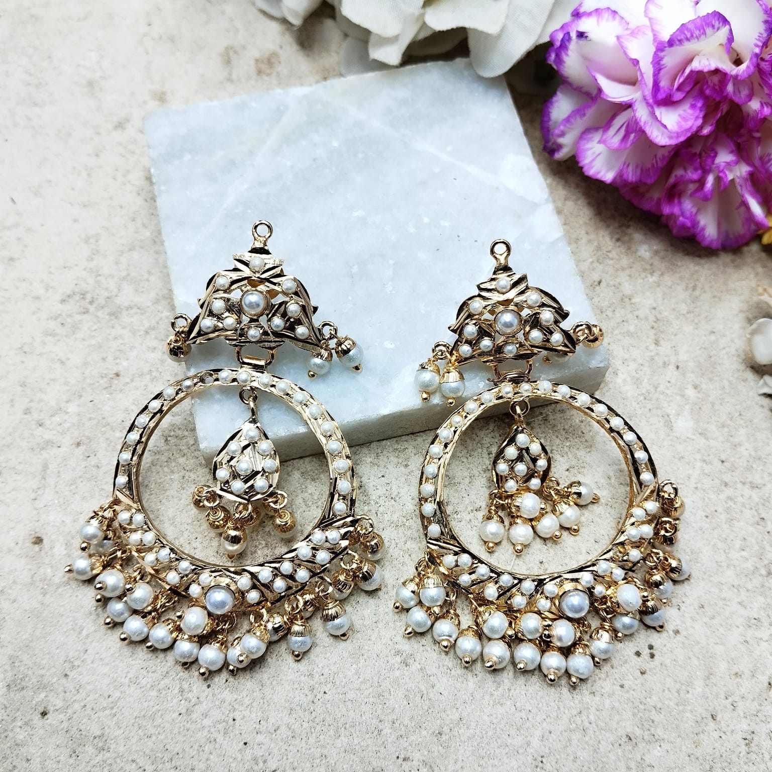 Aayat Jadau Chandbali Earrings - White Pearl - QUEENS JEWELS