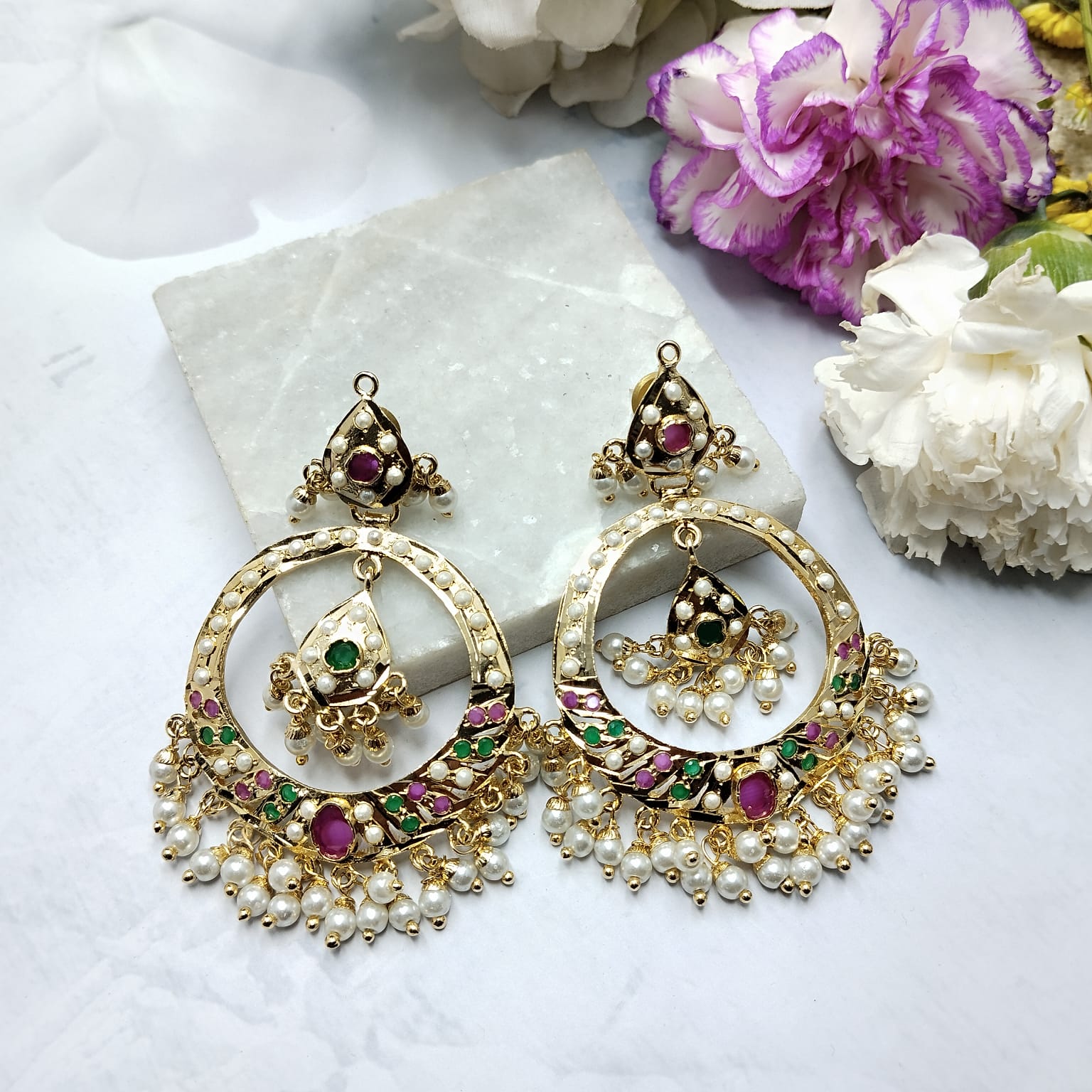 Nadia Jadau Chandbali Earrings - Multicolor - QUEENS JEWELS