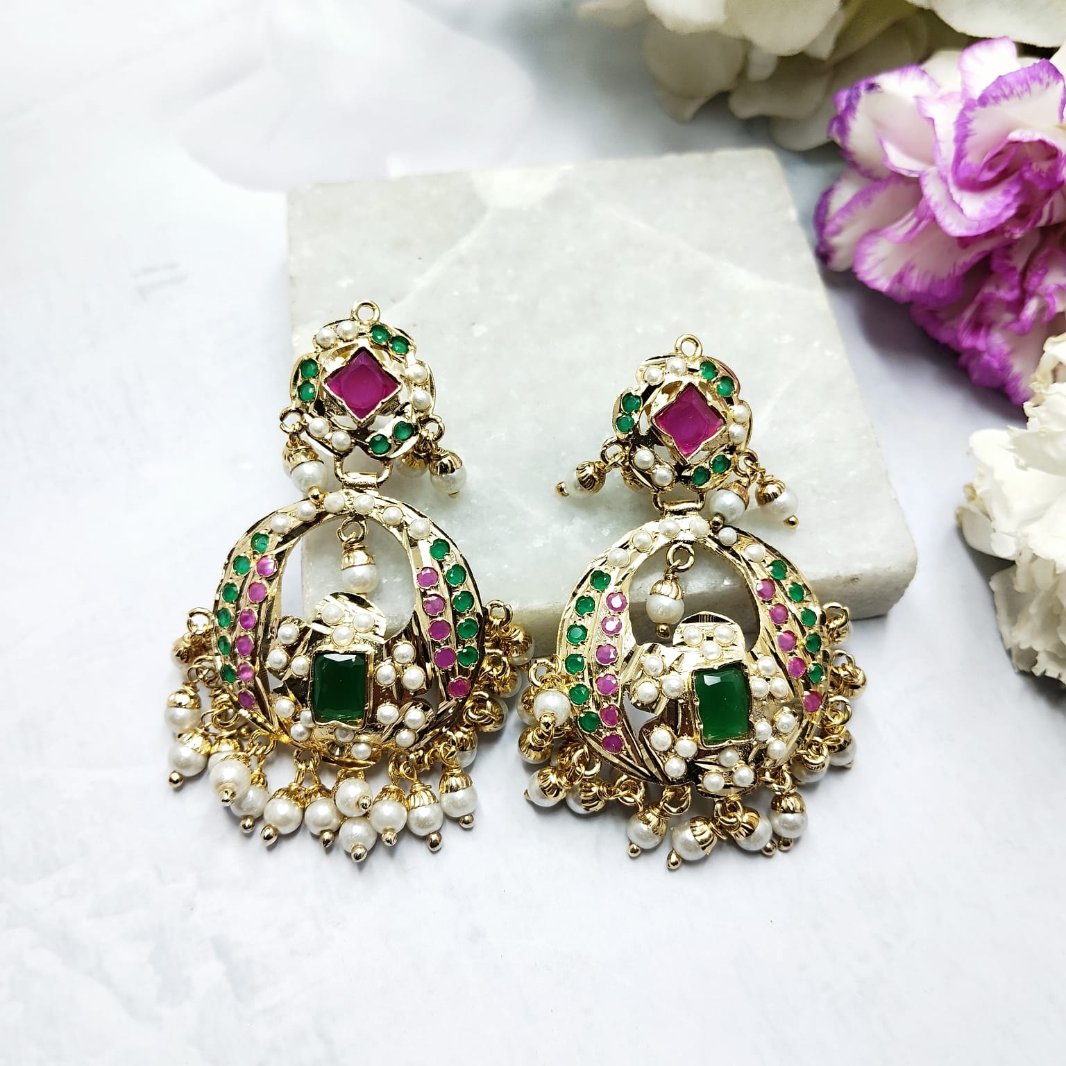 Rabiya Jadau Chandbali Earrings - Multicolor - QUEENS JEWELS