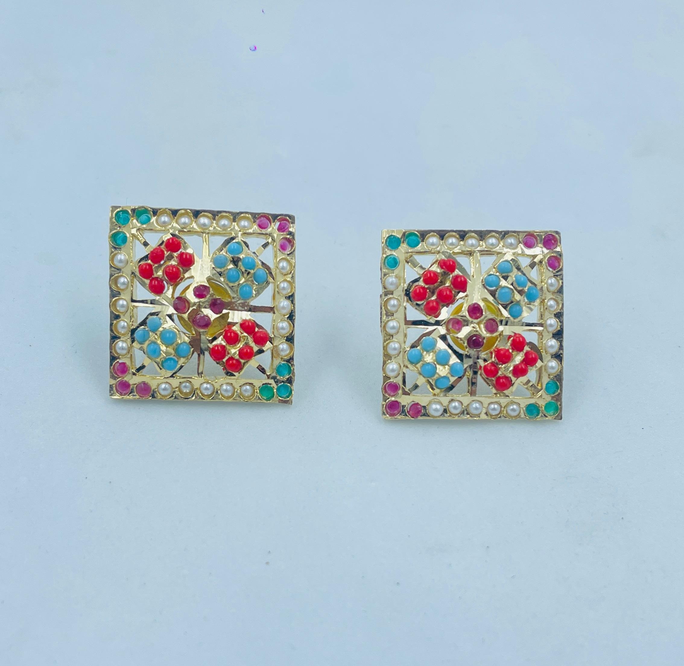 Vibrant Navratan Jadau Square Studs - QUEENS JEWELS