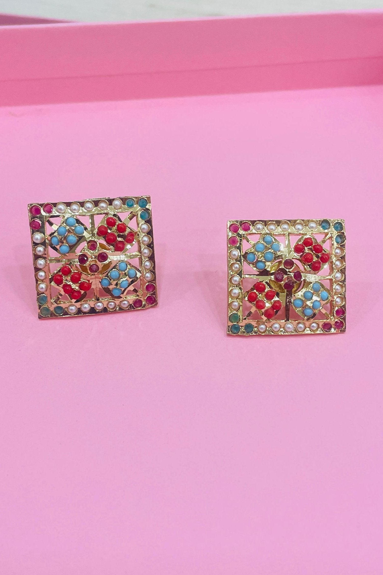 Vibrant Navratan Jadau Square Studs - QUEENS JEWELS