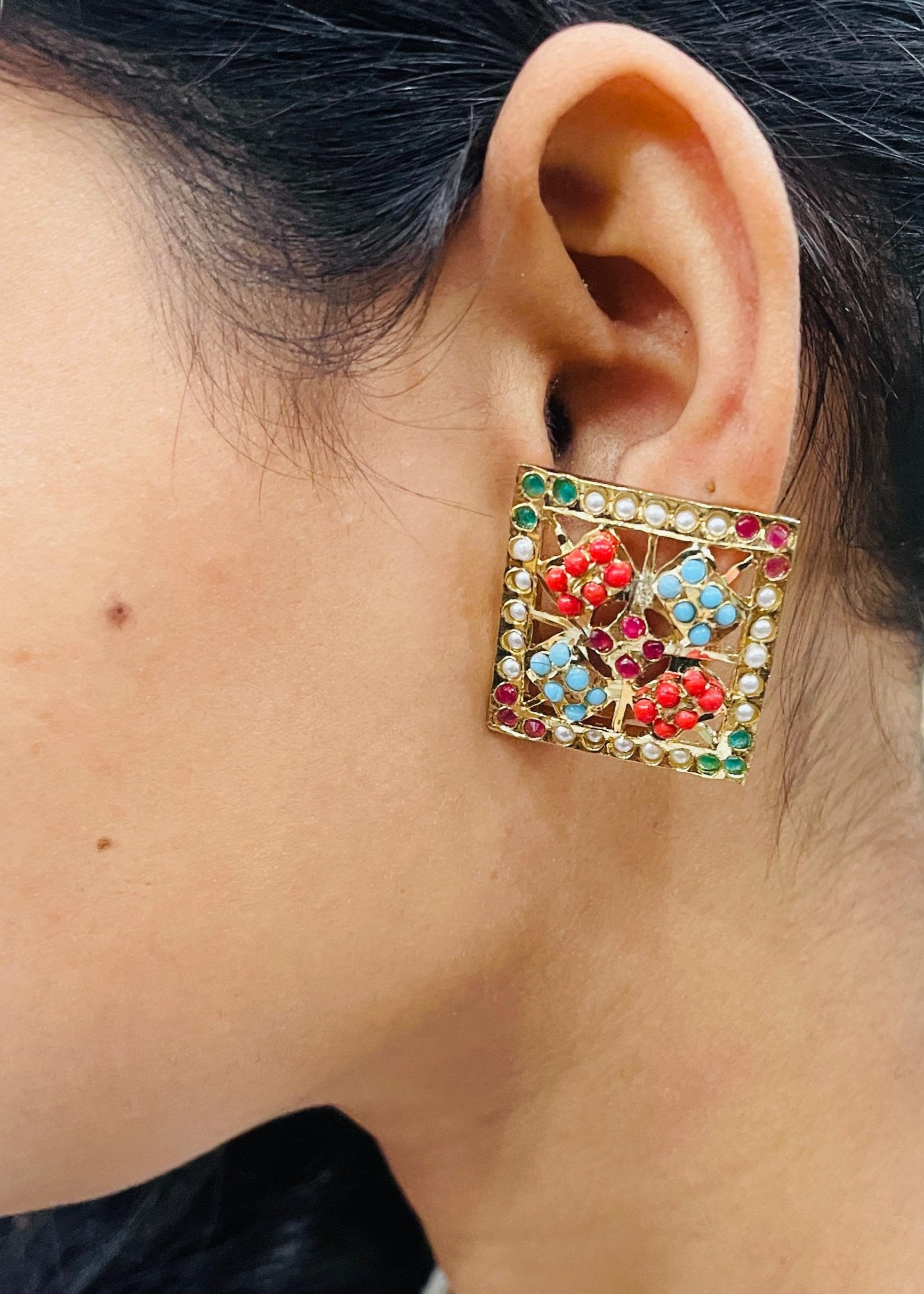 Vibrant Navratan Jadau Square Studs - QUEENS JEWELS