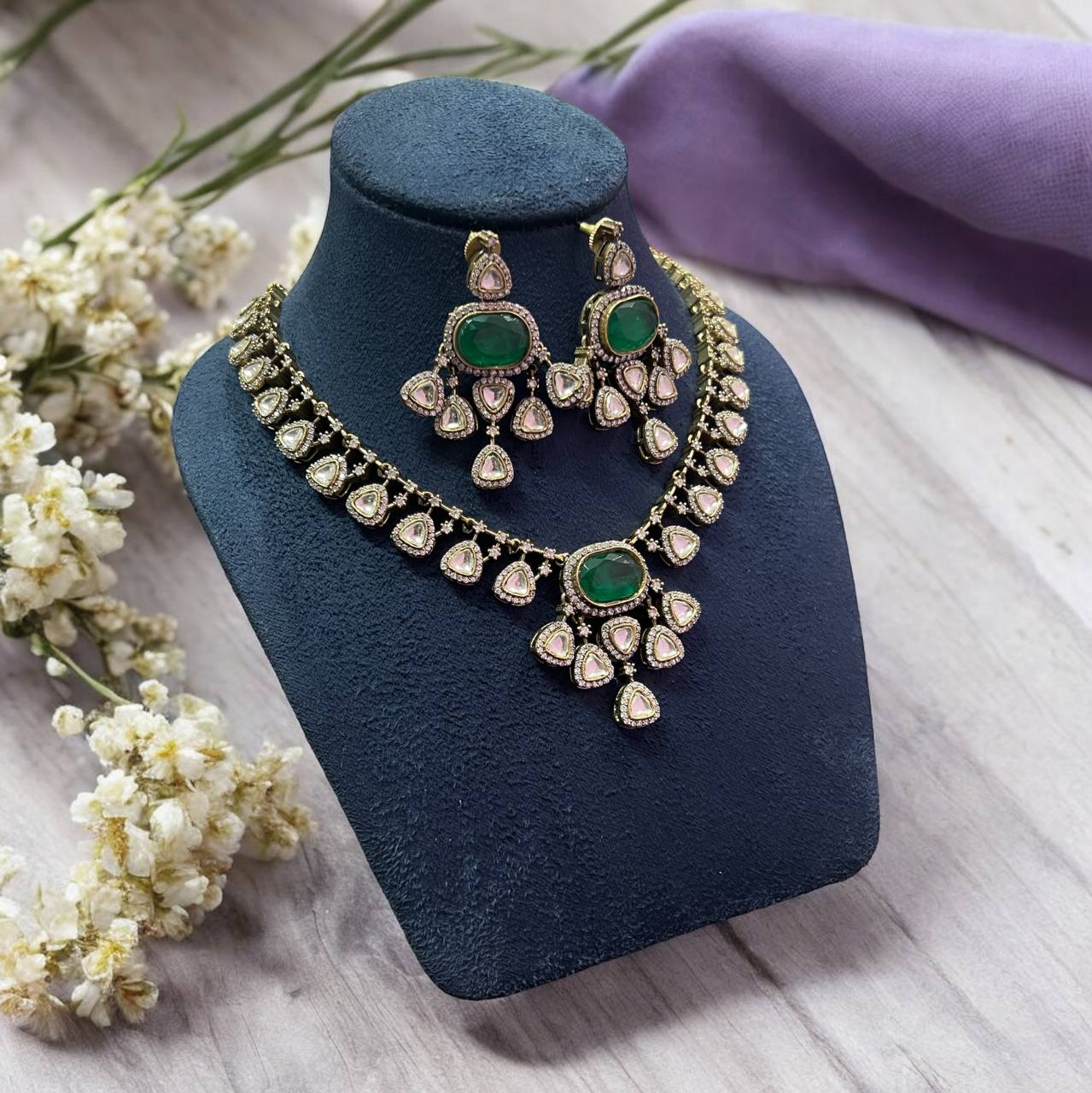 Uncut Diamond Royal Green Polki Necklace Set - QUEENS JEWELS