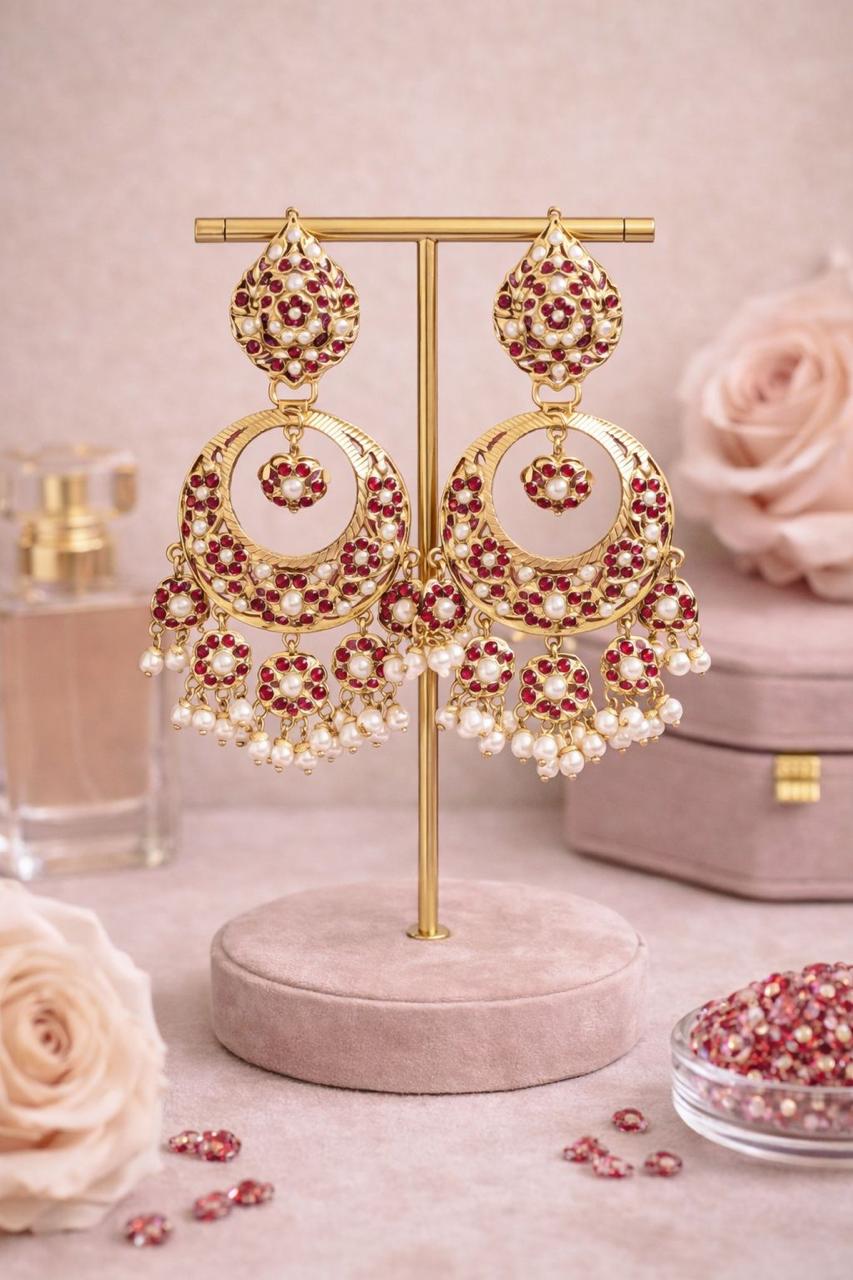 Noor Jadau Ruby Red Chandbali Earrings - QUEENS JEWELS