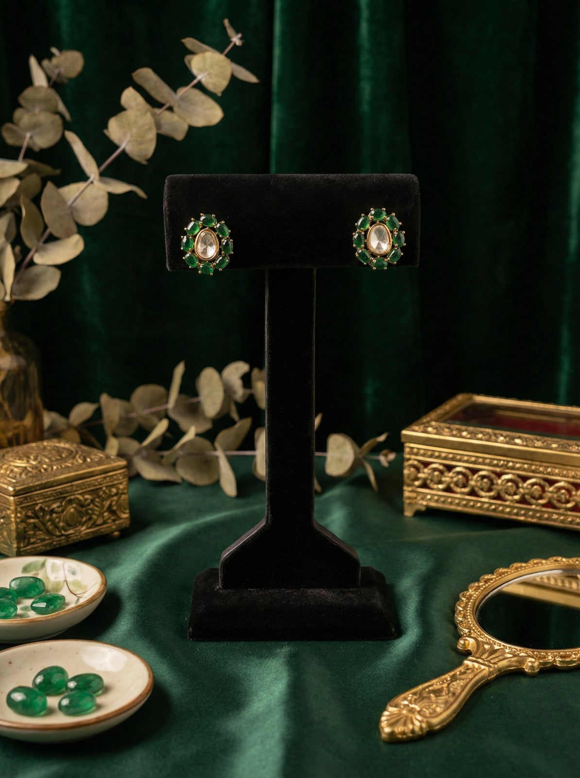 Emerald Green Noor Oval Polki Lookalike Studs Earrings - QUEENS JEWELS 