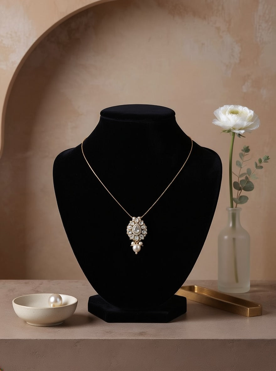Moonlit Pearl Drop Victorian Polki Pendant - QUEENS JEWELS 